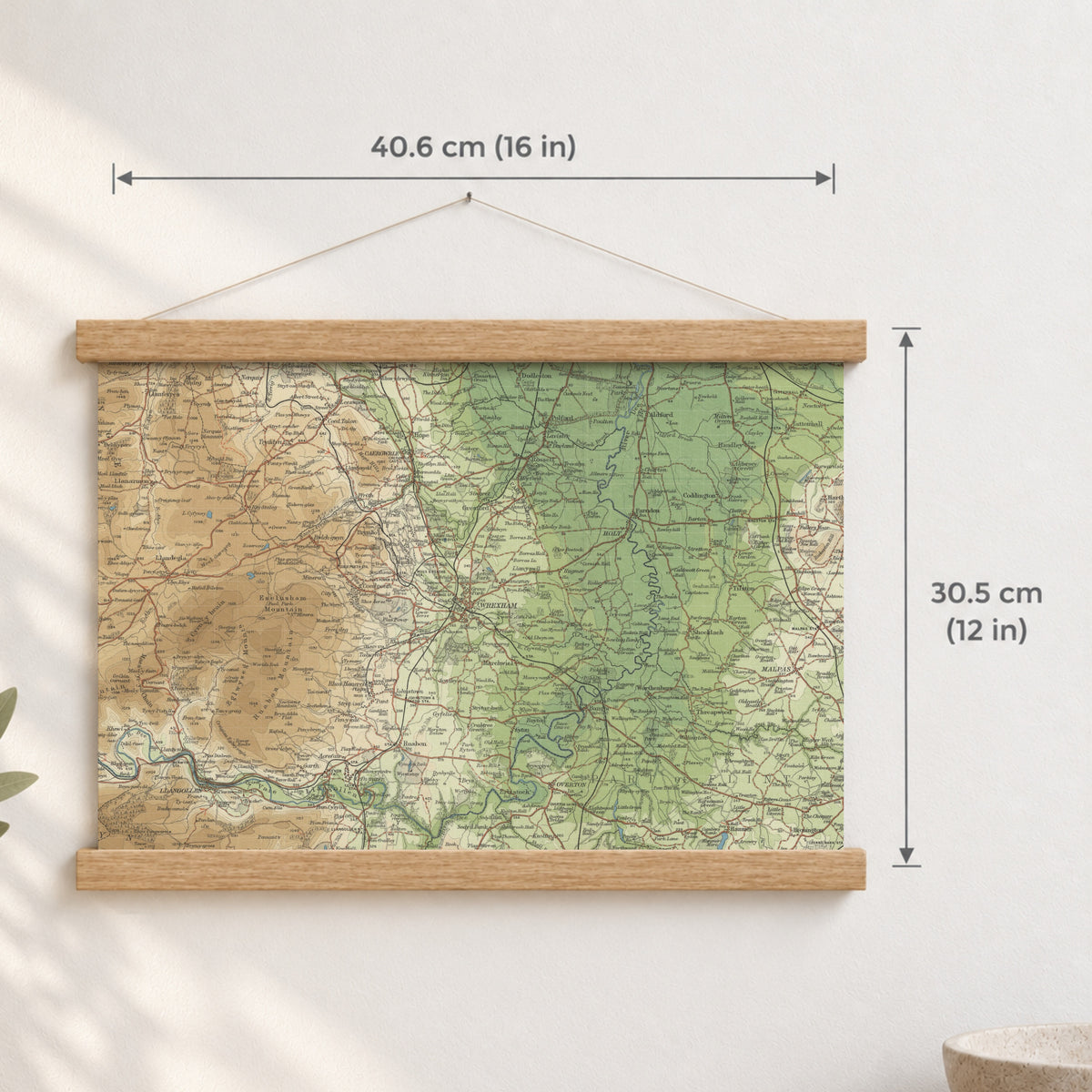 Wrexham historic map print, Bartholomew Half-Inch, 1902 — 16 × 12 in · landscape, Canvas, black hanger and Canvas, natural oak hanger and Canvas, white hanger and Fine art paper, black hanger and Fine art paper, natural oak hanger and Fine art paper, no hanger and Fine art paper, white hanger, hanger front mockup