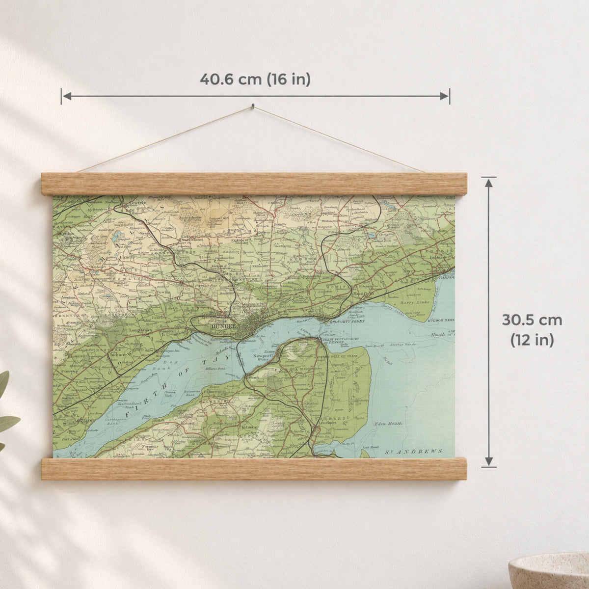 Dundee historic map print, Bartholomew Half-Inch, 1903 — 16 × 12 in · landscape, Canvas, black hanger and Canvas, natural oak hanger and Canvas, white hanger and Fine art paper, black hanger and Fine art paper, natural oak hanger and Fine art paper, no hanger and Fine art paper, white hanger, hanger front mockup