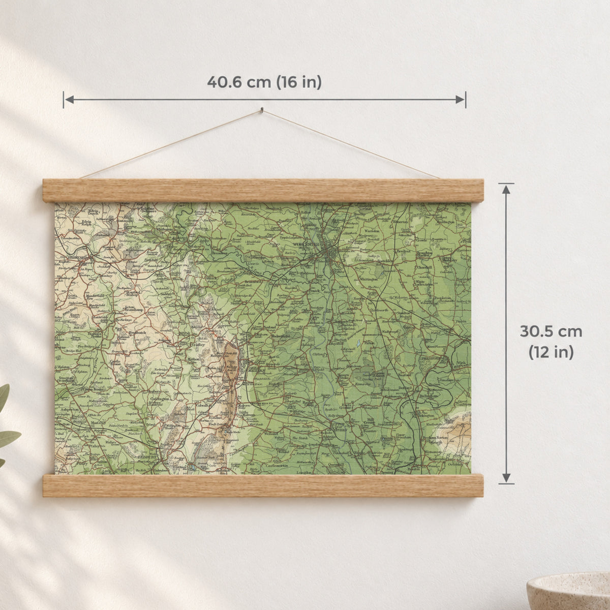 Worcester historic map print, Bartholomew Half-Inch, 1902 — 16 × 12 in · landscape, Canvas, black hanger and Canvas, natural oak hanger and Canvas, white hanger and Fine art paper, black hanger and Fine art paper, natural oak hanger and Fine art paper, no hanger and Fine art paper, white hanger, hanger front mockup