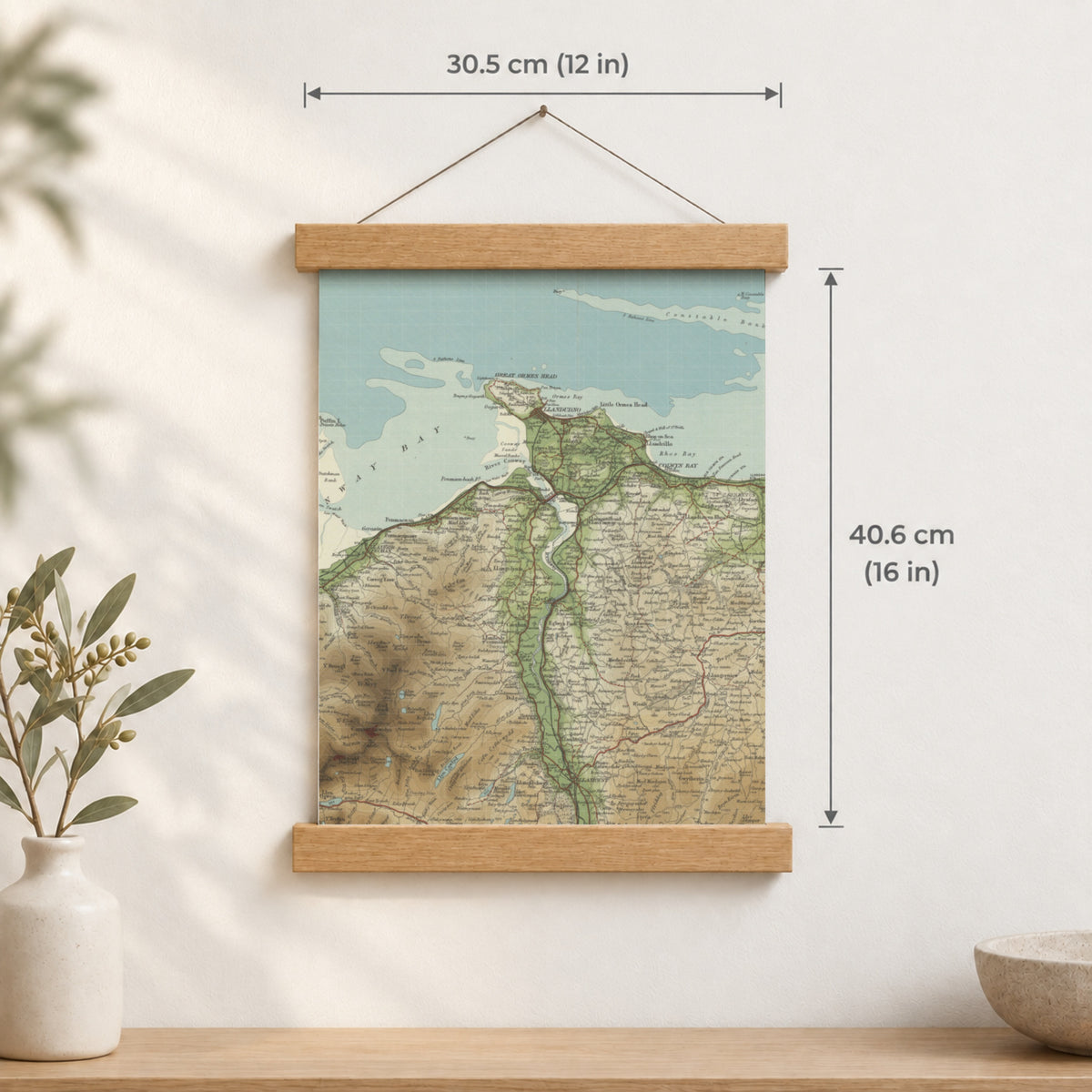 Llandudno historic map print, Bartholomew Half-Inch, 1904 — 12 × 16 in · portrait, Canvas, black hanger and Canvas, natural oak hanger and Canvas, white hanger and Fine art paper, black hanger and Fine art paper, natural oak hanger and Fine art paper, no hanger and Fine art paper, white hanger, hanger front mockup