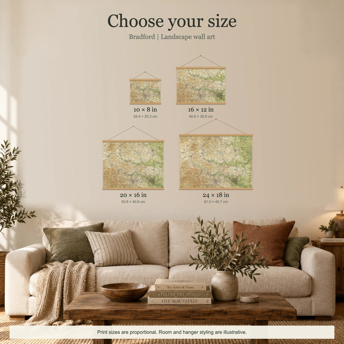 Bradford historic map print, Bartholomew Half-Inch, 1906 — 10 × 8 in · landscape, Canvas, black hanger and Canvas, natural oak hanger and Canvas, white hanger and Fine art paper, black hanger and Fine art paper, natural oak hanger and Fine art paper, no hanger and Fine art paper, white hanger, size room mockup landscape