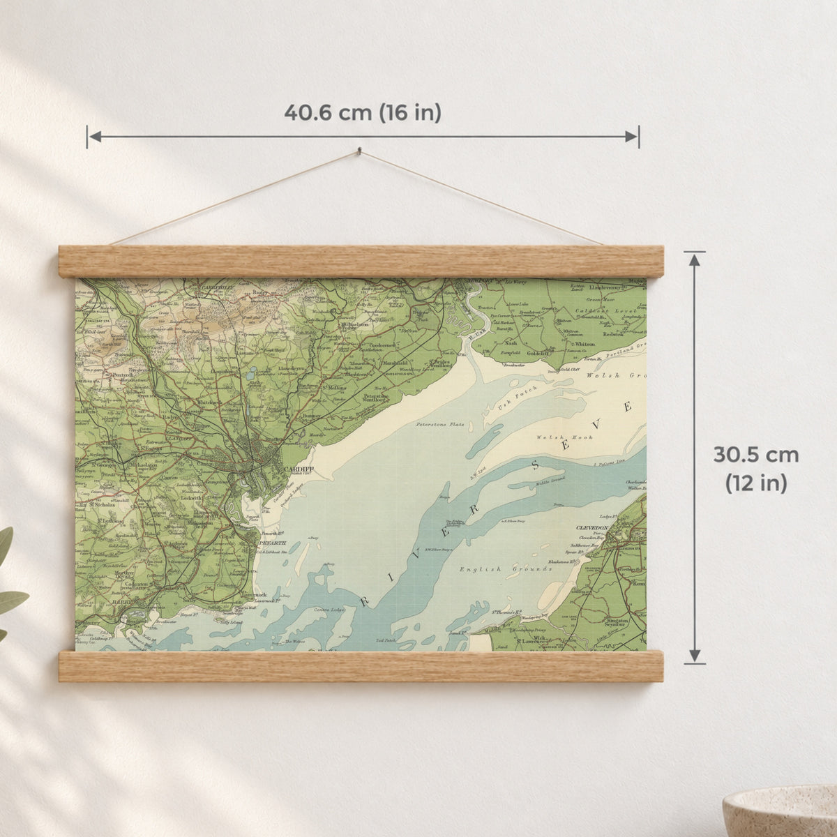 Cardiff historic map print, Bartholomew Half-Inch, 1904 — 16 × 12 in · landscape, Canvas, black hanger and Canvas, natural oak hanger and Canvas, white hanger and Fine art paper, black hanger and Fine art paper, natural oak hanger and Fine art paper, no hanger and Fine art paper, white hanger, hanger front mockup