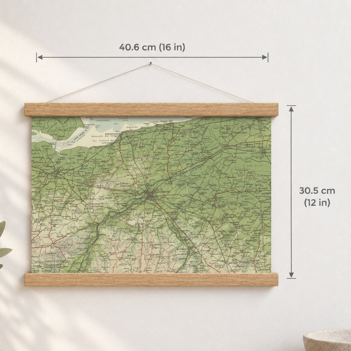 Canterbury historic map print, Bartholomew Half-Inch, 1904 — 16 × 12 in · landscape, Canvas, black hanger and Canvas, natural oak hanger and Canvas, white hanger and Fine art paper, black hanger and Fine art paper, natural oak hanger and Fine art paper, no hanger and Fine art paper, white hanger, hanger front mockup