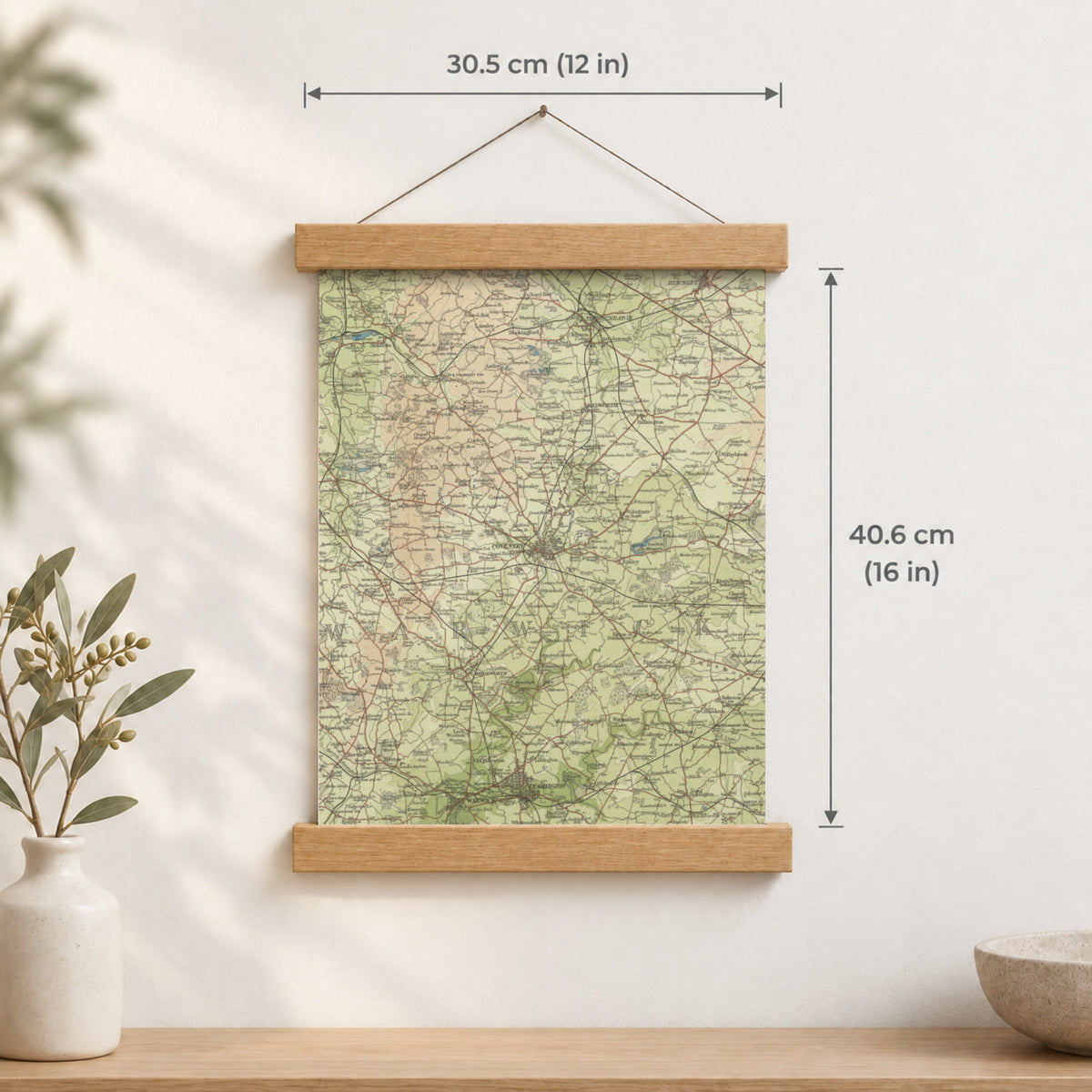Coventry historic map print, Bartholomew Half-Inch, 1903 — 12 × 16 in · portrait, Canvas, black hanger and Canvas, natural oak hanger and Canvas, white hanger and Fine art paper, black hanger and Fine art paper, natural oak hanger and Fine art paper, no hanger and Fine art paper, white hanger, hanger front mockup