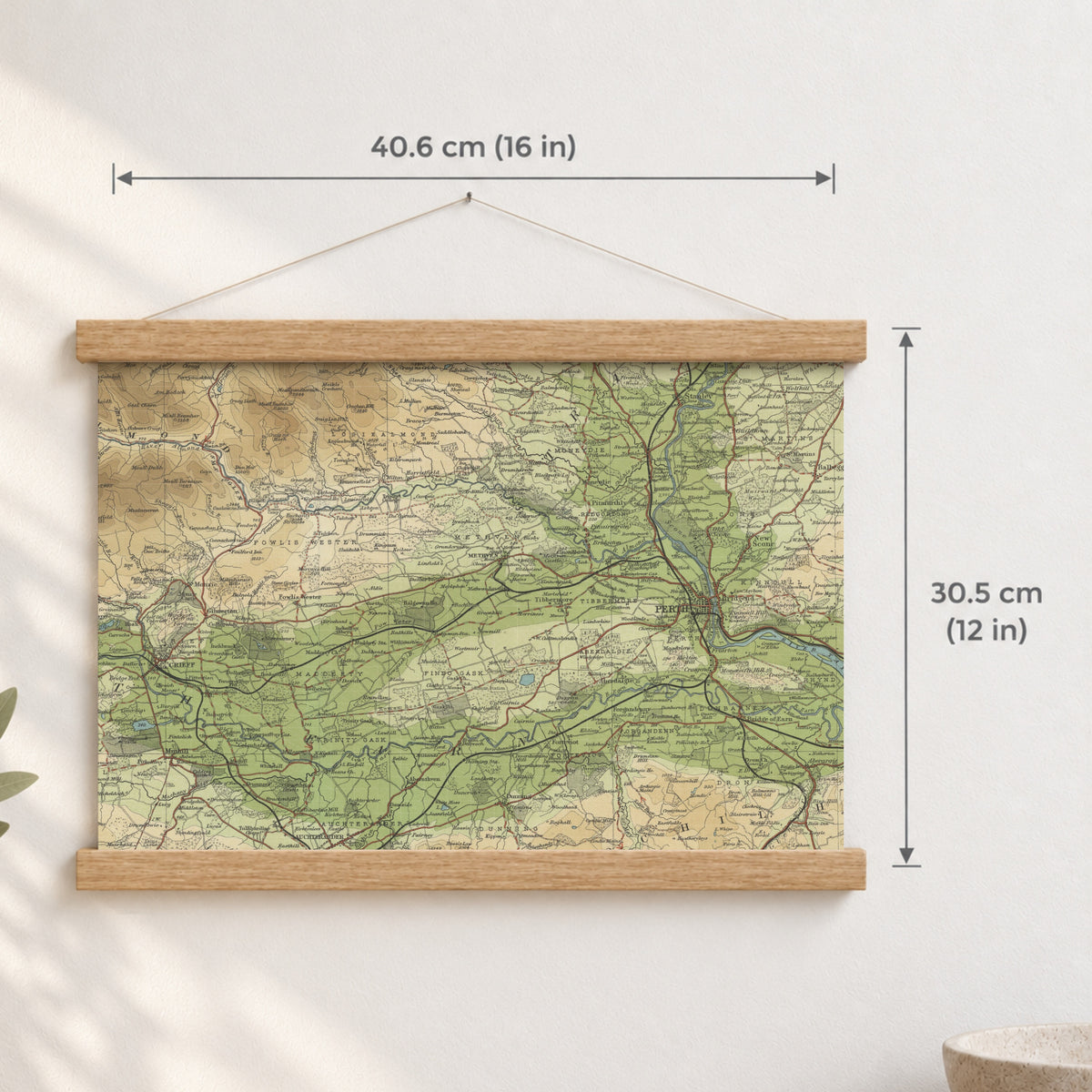 Perth historic map print, Bartholomew Half-Inch, 1903 — 16 × 12 in · landscape, Canvas, black hanger and Canvas, natural oak hanger and Canvas, white hanger and Fine art paper, black hanger and Fine art paper, natural oak hanger and Fine art paper, no hanger and Fine art paper, white hanger, hanger front mockup