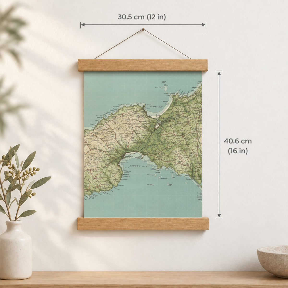 St Ives historic map print, Bartholomew Half-Inch, 1903 — 12 × 16 in · portrait, Canvas, black hanger and Canvas, natural oak hanger and Canvas, white hanger and Fine art paper, black hanger and Fine art paper, natural oak hanger and Fine art paper, no hanger and Fine art paper, white hanger, hanger front mockup