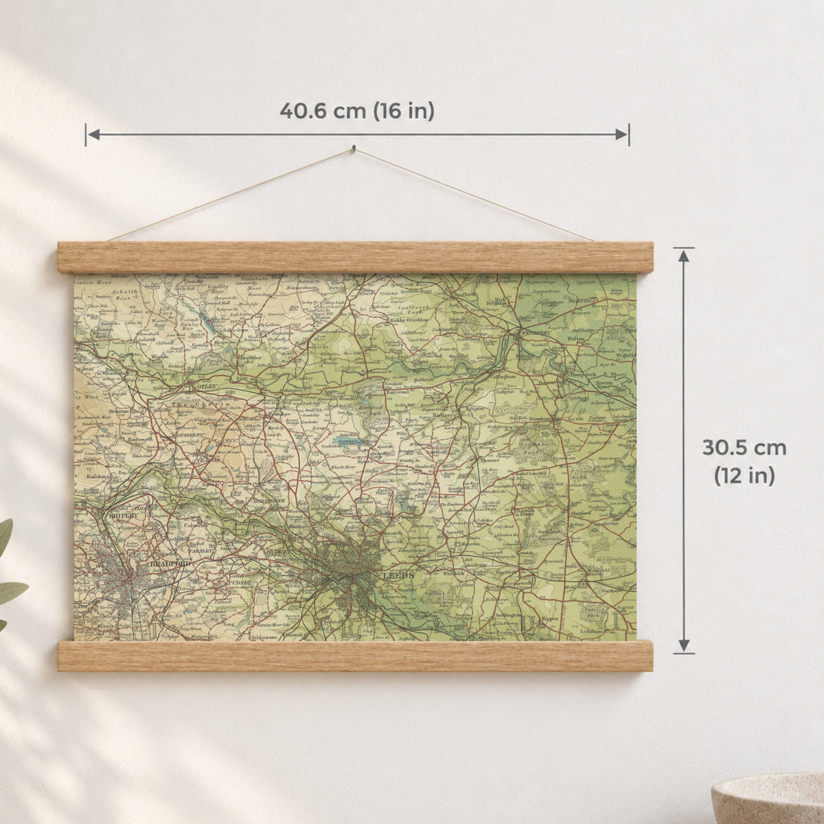 Leeds historic map print, Bartholomew Half-Inch, 1906 — 16 × 12 in · landscape, Canvas, black hanger and Canvas, natural oak hanger and Canvas, white hanger and Fine art paper, black hanger and Fine art paper, natural oak hanger and Fine art paper, no hanger and Fine art paper, white hanger, hanger front mockup