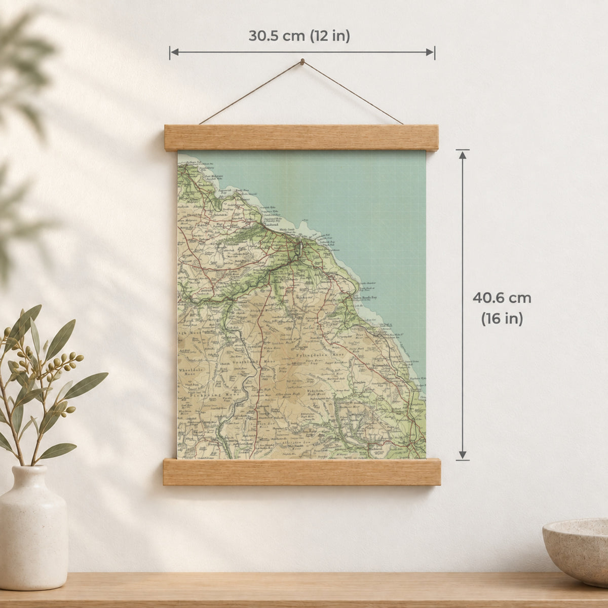 Whitby historic map print, Bartholomew Half-Inch, 1903 — 12 × 16 in · portrait, Canvas, black hanger and Canvas, natural oak hanger and Canvas, white hanger and Fine art paper, black hanger and Fine art paper, natural oak hanger and Fine art paper, no hanger and Fine art paper, white hanger, hanger front mockup