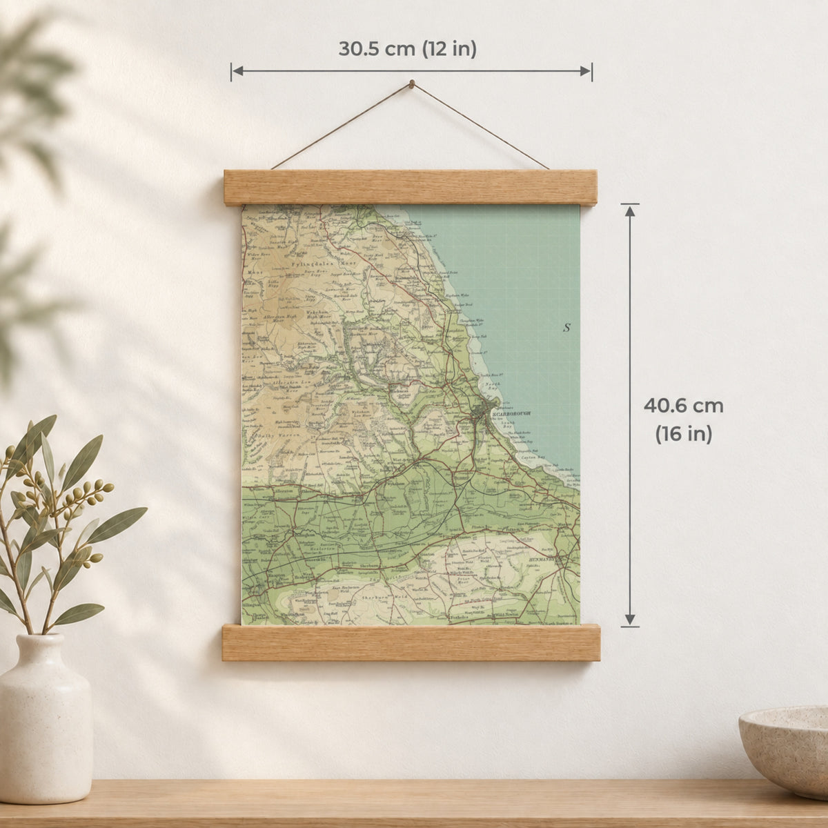 Scarborough historic map print, Bartholomew Half-Inch, 1903 — 12 × 16 in · portrait, Canvas, black hanger and Canvas, natural oak hanger and Canvas, white hanger and Fine art paper, black hanger and Fine art paper, natural oak hanger and Fine art paper, no hanger and Fine art paper, white hanger, hanger front mockup
