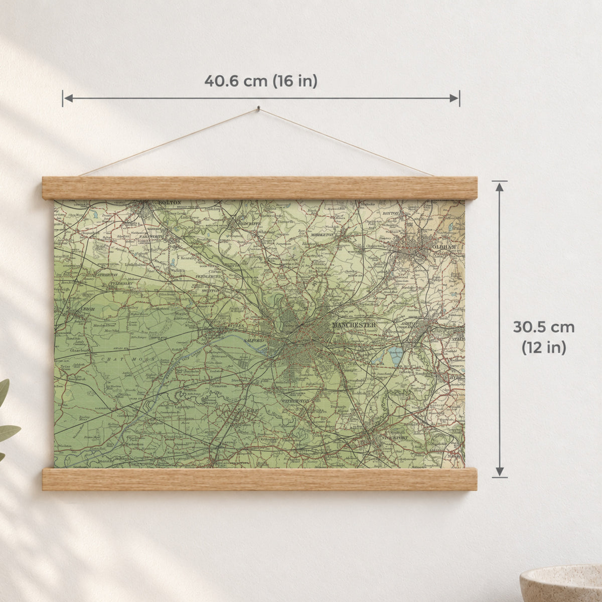 Salford historic map print, Bartholomew Half-Inch, 1904 — 16 × 12 in · landscape, Canvas, black hanger and Canvas, natural oak hanger and Canvas, white hanger and Fine art paper, black hanger and Fine art paper, natural oak hanger and Fine art paper, no hanger and Fine art paper, white hanger, hanger front mockup
