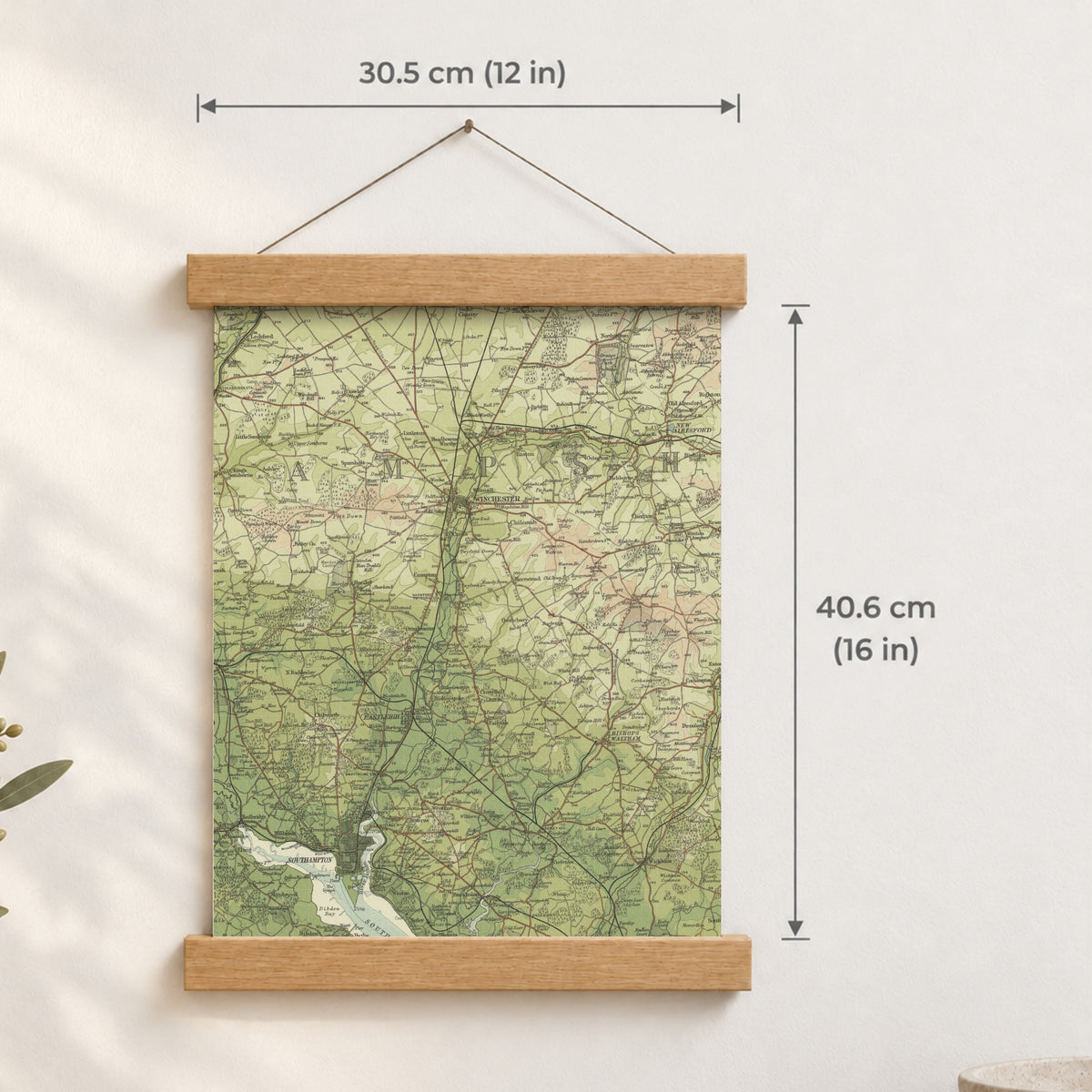 Winchester historic map print, Bartholomew Half-Inch, 1902 — 12 × 16 in · portrait, Canvas, black hanger and Canvas, natural oak hanger and Canvas, white hanger and Fine art paper, black hanger and Fine art paper, natural oak hanger and Fine art paper, no hanger and Fine art paper, white hanger, hanger front mockup