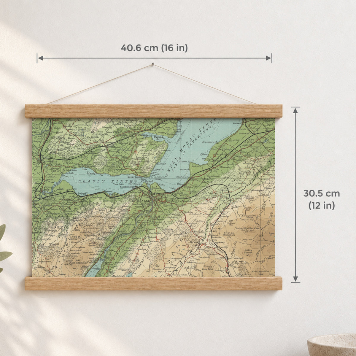 Inverness historic map print, Bartholomew Half-Inch, 1903 — 16 × 12 in · landscape, Canvas, black hanger and Canvas, natural oak hanger and Canvas, white hanger and Fine art paper, black hanger and Fine art paper, natural oak hanger and Fine art paper, no hanger and Fine art paper, white hanger, hanger front mockup