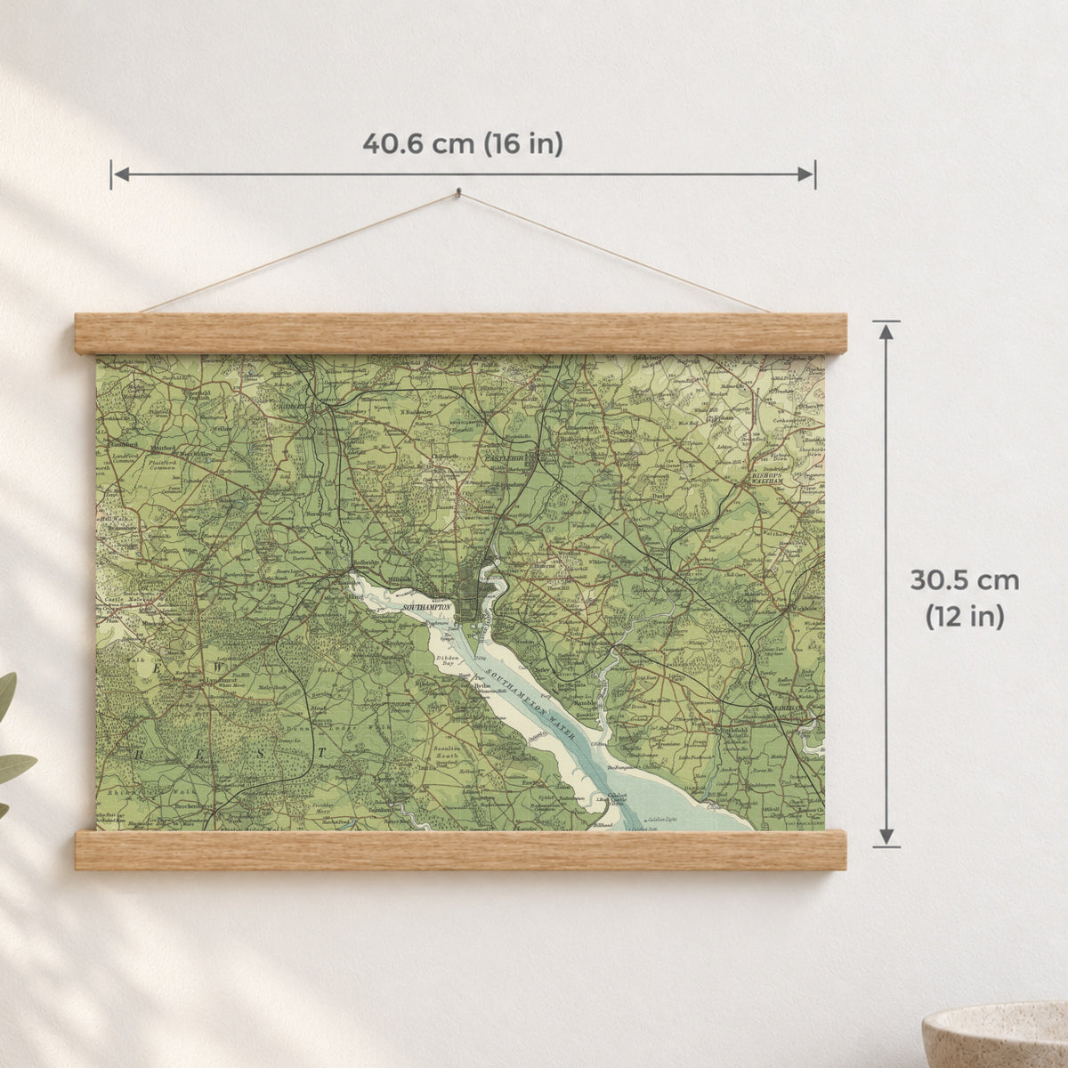 Southampton historic map print, Bartholomew Half-Inch, 1902 — 16 × 12 in · landscape, Canvas, black hanger and Canvas, natural oak hanger and Canvas, white hanger and Fine art paper, black hanger and Fine art paper, natural oak hanger and Fine art paper, no hanger and Fine art paper, white hanger, hanger front mockup