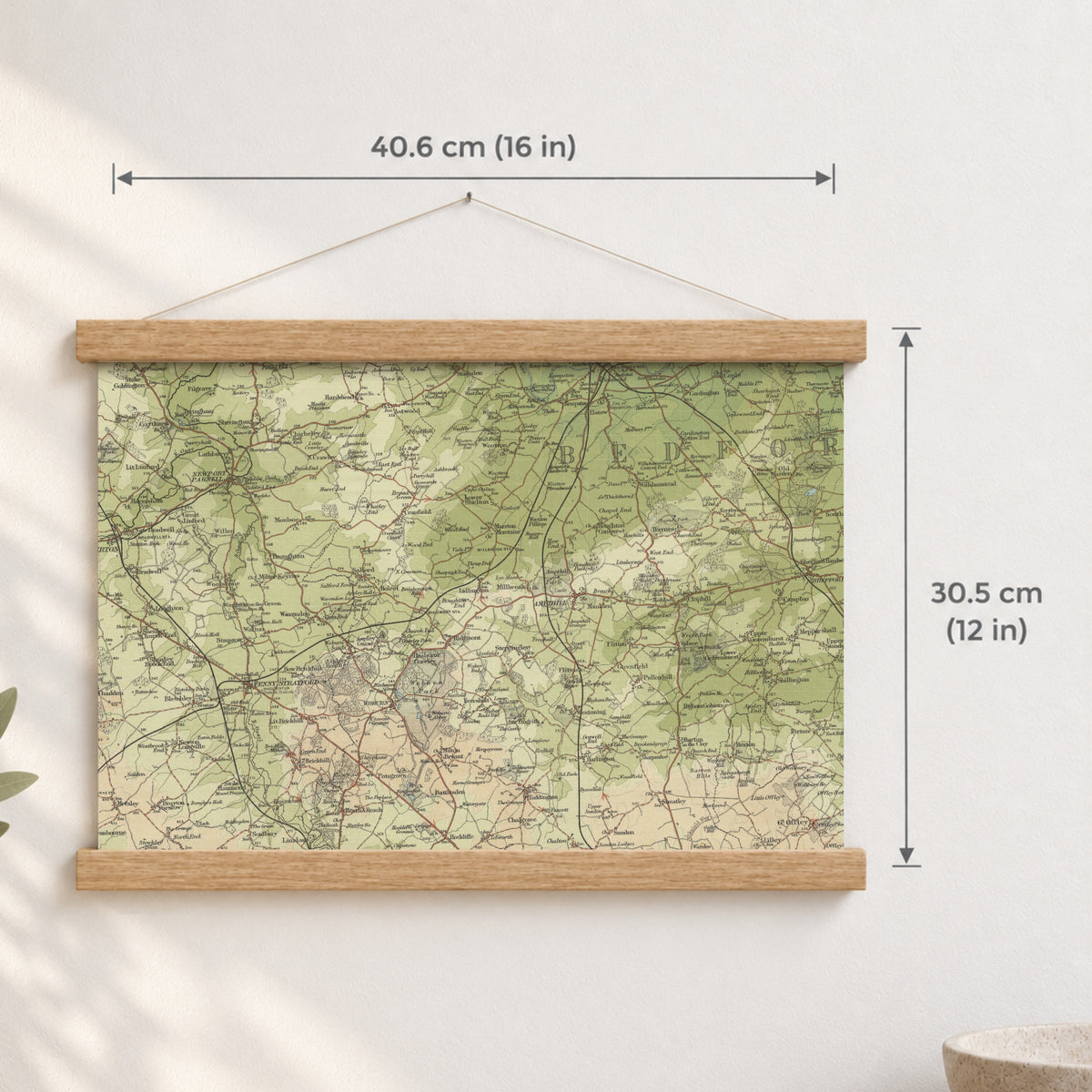 Milton Keynes historic map print, Bartholomew Half-Inch, 1903 — 16 × 12 in · landscape, Canvas, black hanger and Canvas, natural oak hanger and Canvas, white hanger and Fine art paper, black hanger and Fine art paper, natural oak hanger and Fine art paper, no hanger and Fine art paper, white hanger, hanger front mockup