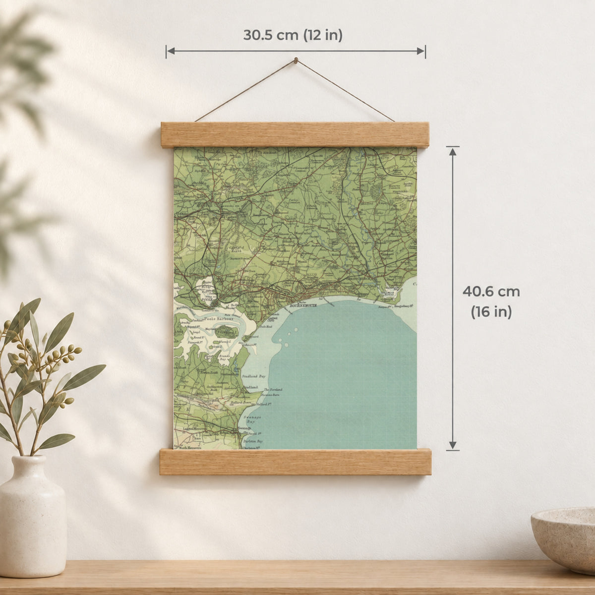 Bournemouth historic map print, Bartholomew Half-Inch, 1902 — 12 × 16 in · portrait, Canvas, black hanger and Canvas, natural oak hanger and Canvas, white hanger and Fine art paper, black hanger and Fine art paper, natural oak hanger and Fine art paper, no hanger and Fine art paper, white hanger, hanger front mockup