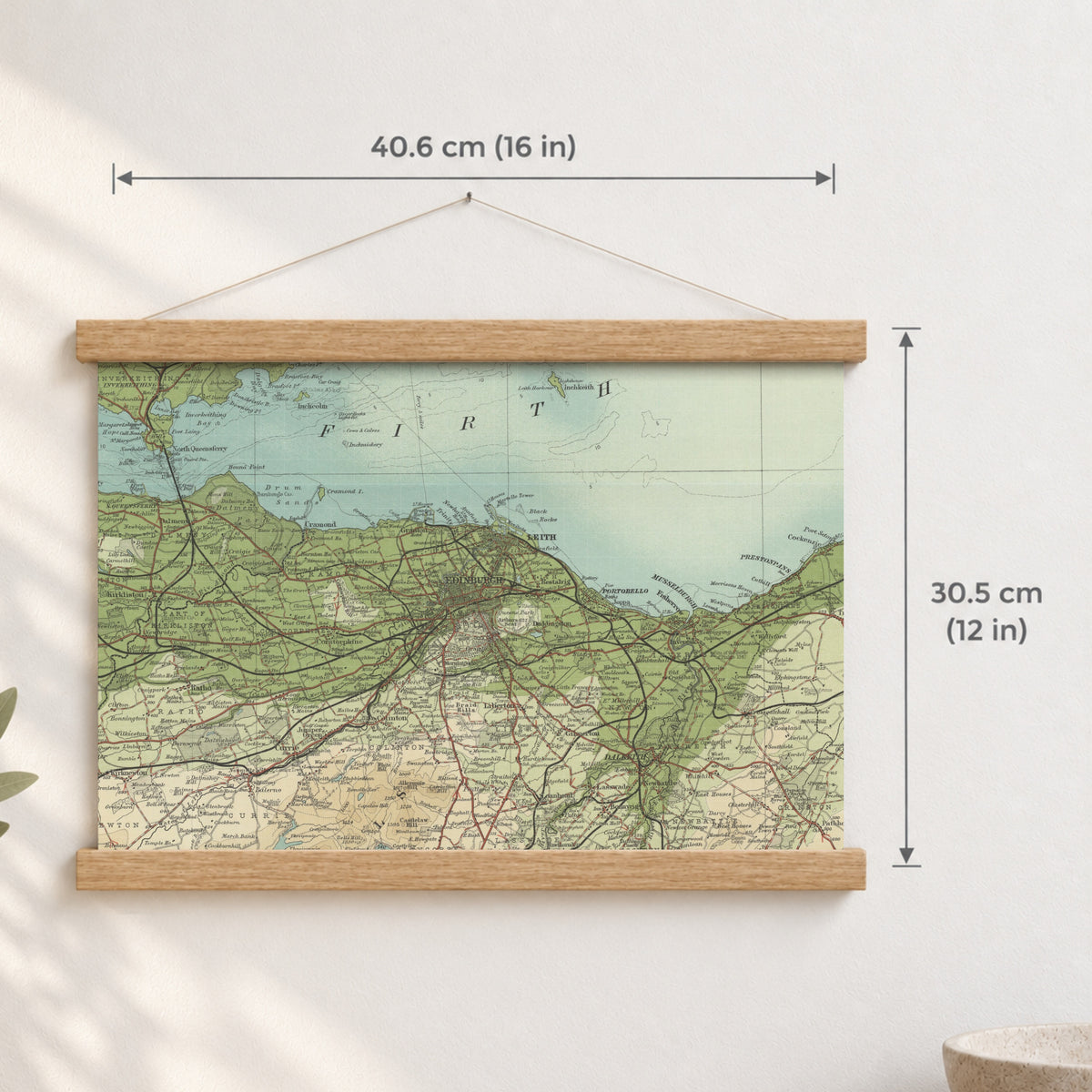 Edinburgh historic map print, Bartholomew Half-Inch, 1903 — 16 × 12 in · landscape, Canvas, black hanger and Canvas, natural oak hanger and Canvas, white hanger and Fine art paper, black hanger and Fine art paper, natural oak hanger and Fine art paper, no hanger and Fine art paper, white hanger, hanger front mockup