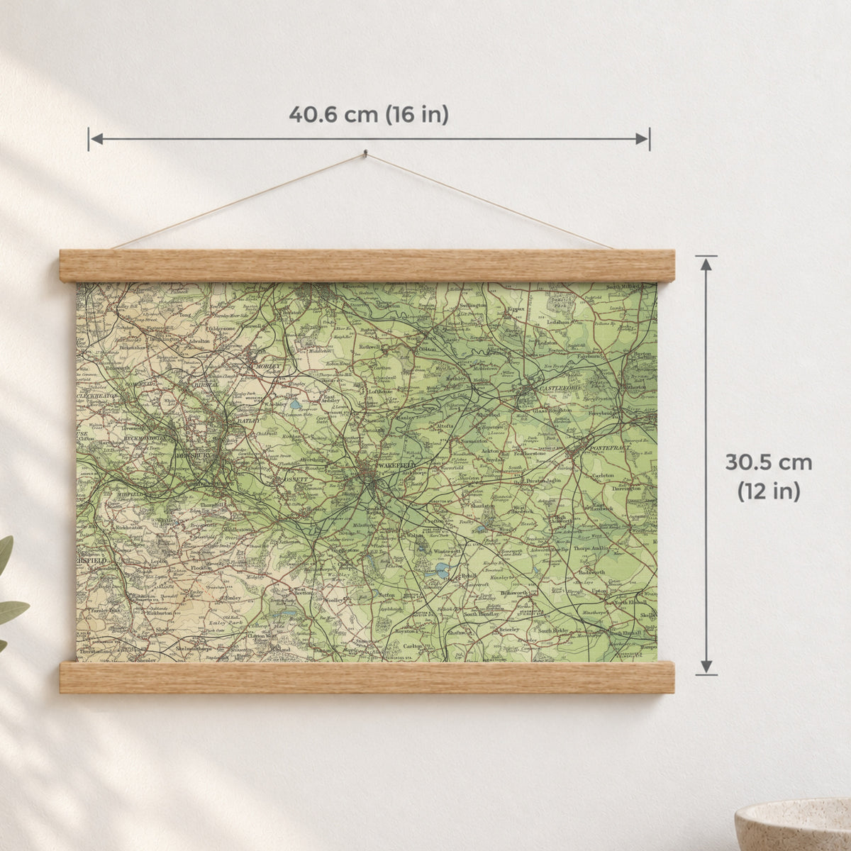 Wakefield historic map print, Bartholomew Half-Inch, 1904 — 16 × 12 in · landscape, Canvas, black hanger and Canvas, natural oak hanger and Canvas, white hanger and Fine art paper, black hanger and Fine art paper, natural oak hanger and Fine art paper, no hanger and Fine art paper, white hanger, hanger front mockup