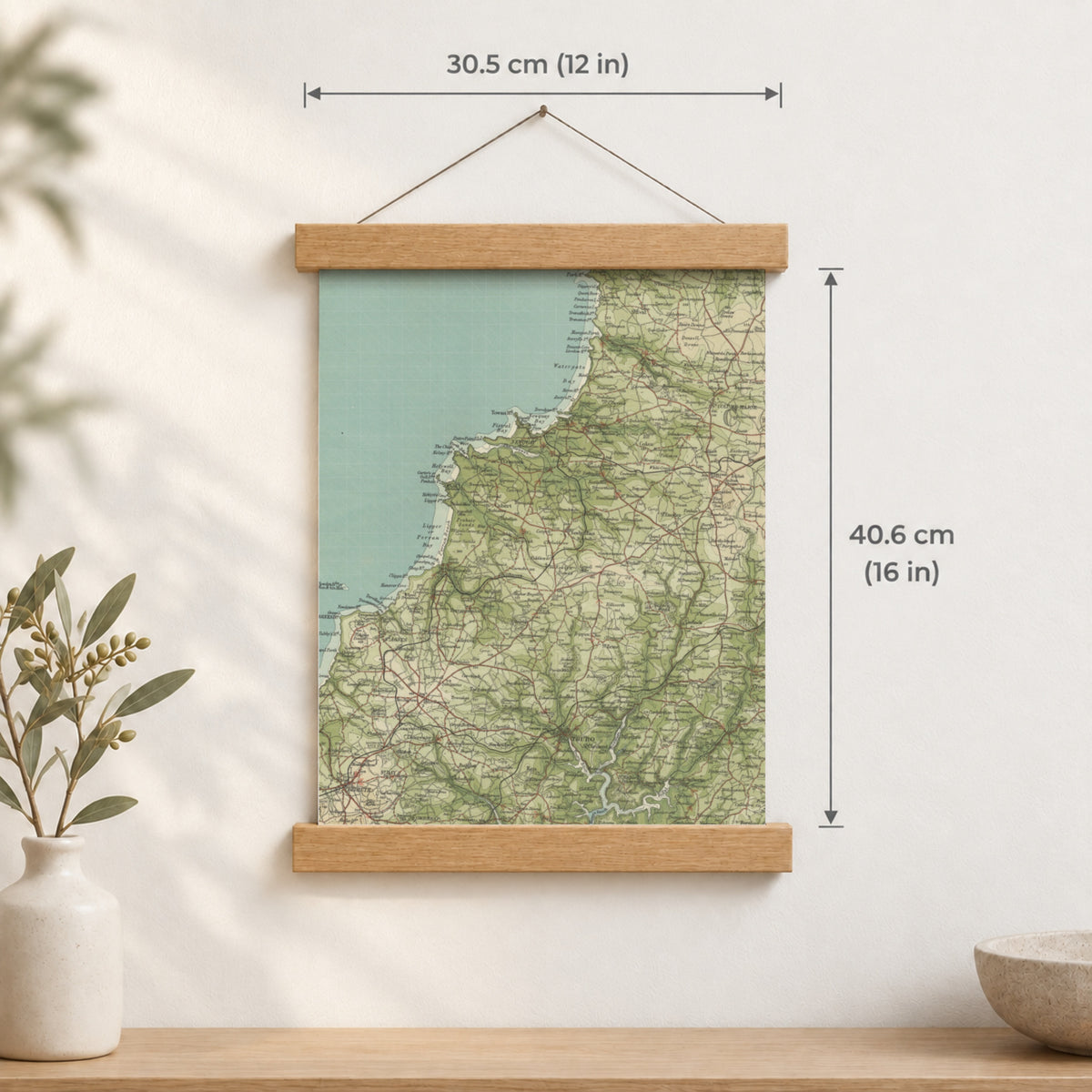 Newquay historic map print, Bartholomew Half-Inch, 1903 — 12 × 16 in · portrait, Canvas, black hanger and Canvas, natural oak hanger and Canvas, white hanger and Fine art paper, black hanger and Fine art paper, natural oak hanger and Fine art paper, no hanger and Fine art paper, white hanger, hanger front mockup