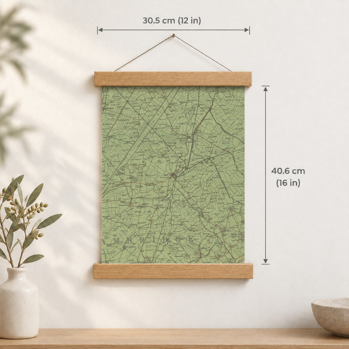 Ely historic map print, Bartholomew Half-Inch, 1902 — 12 × 16 in · portrait, Canvas, black hanger and Canvas, natural oak hanger and Canvas, white hanger and Fine art paper, black hanger and Fine art paper, natural oak hanger and Fine art paper, no hanger and Fine art paper, white hanger, hanger front mockup