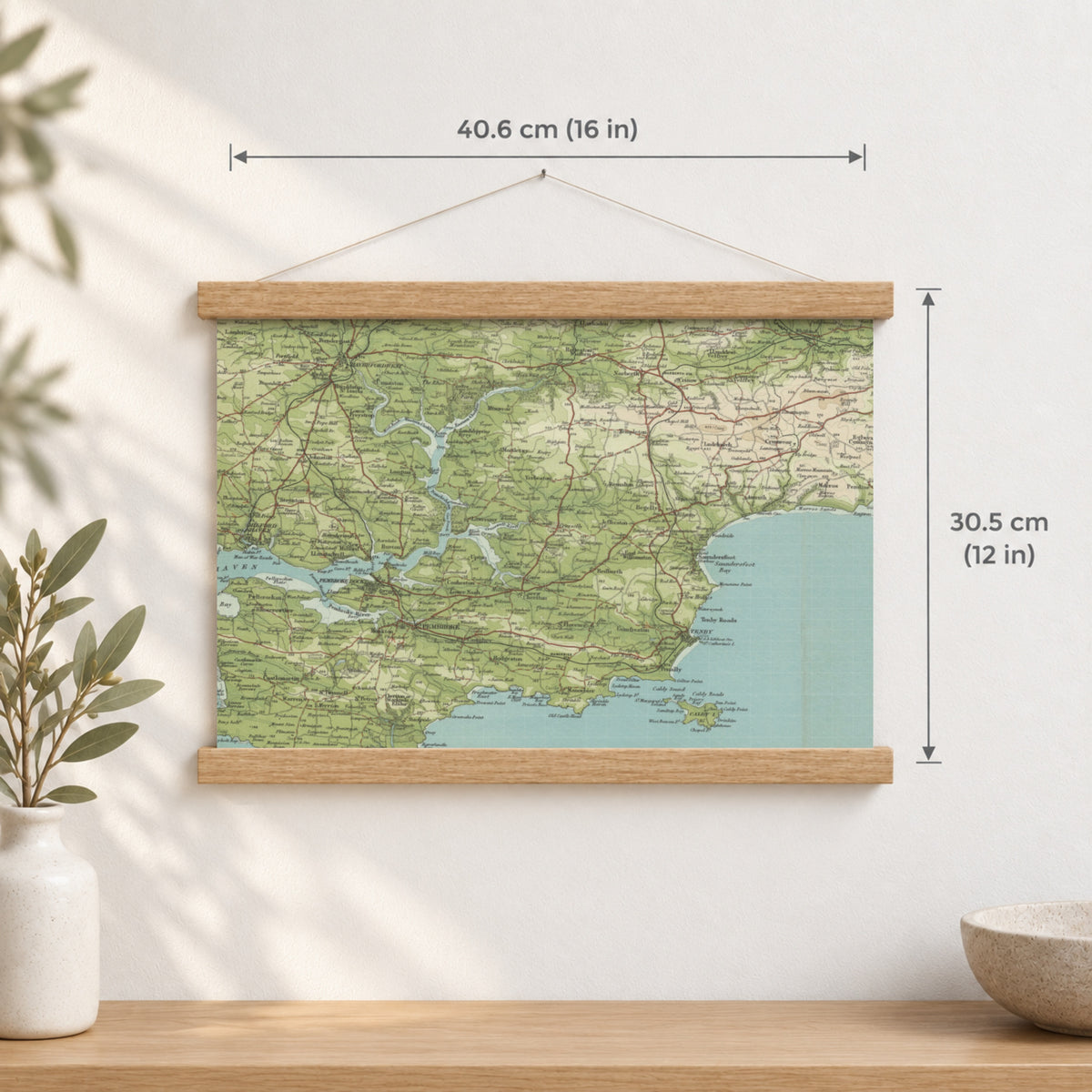 Tenby historic map print, Bartholomew Half-Inch, 1903 — 16 × 12 in · landscape, Canvas, black hanger and Canvas, natural oak hanger and Canvas, white hanger and Fine art paper, black hanger and Fine art paper, natural oak hanger and Fine art paper, no hanger and Fine art paper, white hanger, hanger front mockup