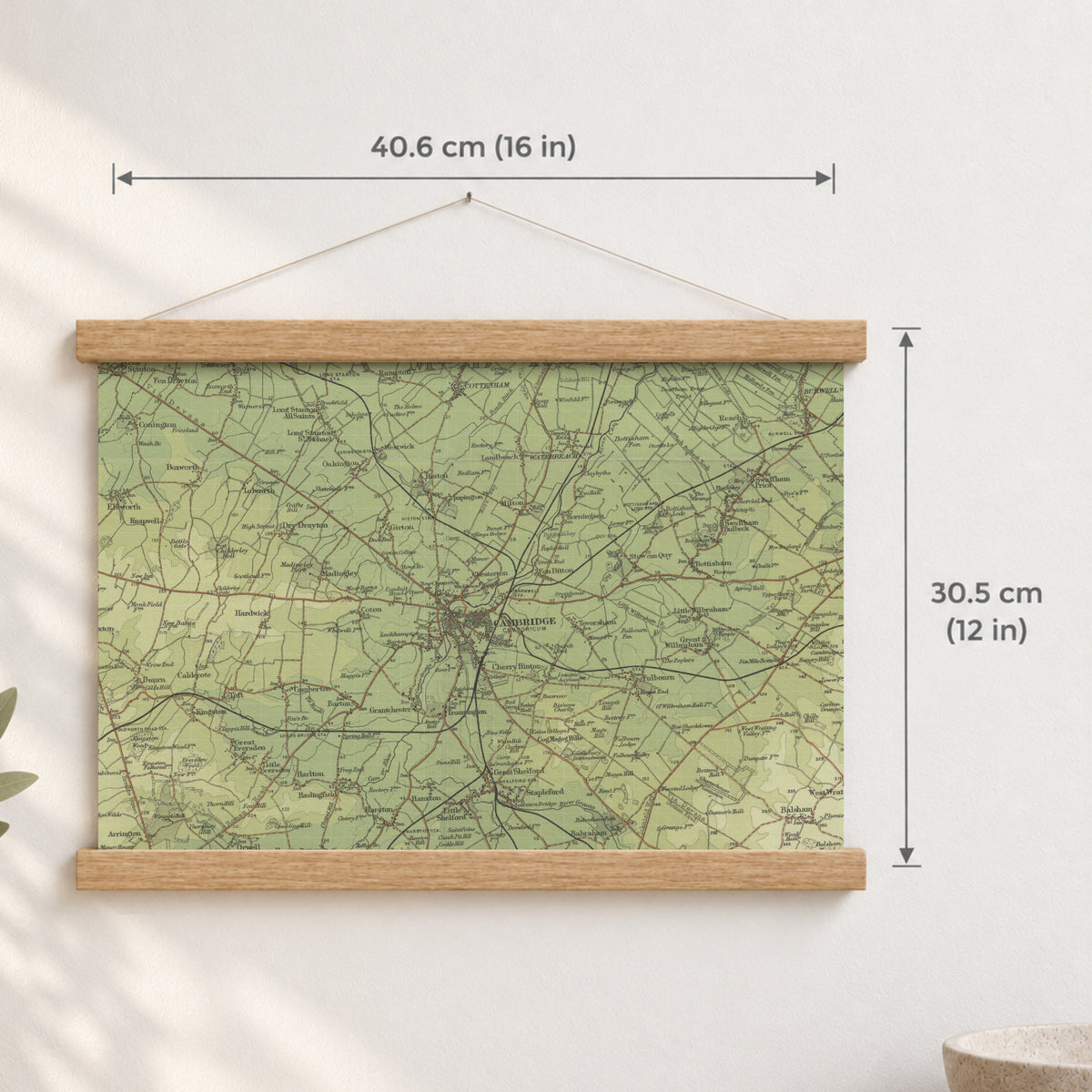 Cambridge historic map print, Bartholomew Half-Inch, 1902 — 16 × 12 in · landscape, Canvas, black hanger and Canvas, natural oak hanger and Canvas, white hanger and Fine art paper, black hanger and Fine art paper, natural oak hanger and Fine art paper, no hanger and Fine art paper, white hanger, hanger front mockup