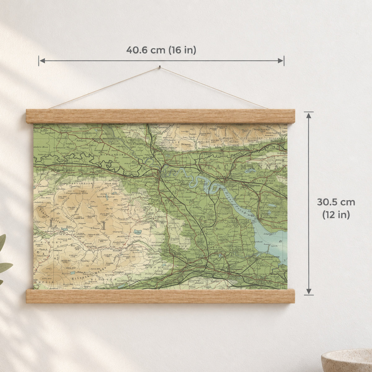 Stirling historic map print, Bartholomew Half-Inch, 1903 — 16 × 12 in · landscape, Canvas, black hanger and Canvas, natural oak hanger and Canvas, white hanger and Fine art paper, black hanger and Fine art paper, natural oak hanger and Fine art paper, no hanger and Fine art paper, white hanger, hanger front mockup