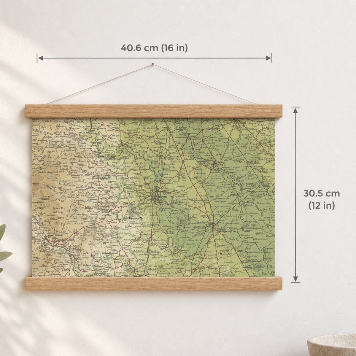 Ripon historic map print, Bartholomew Half-Inch, 1906 — 16 × 12 in · landscape, Canvas, black hanger and Canvas, natural oak hanger and Canvas, white hanger and Fine art paper, black hanger and Fine art paper, natural oak hanger and Fine art paper, no hanger and Fine art paper, white hanger, hanger front mockup