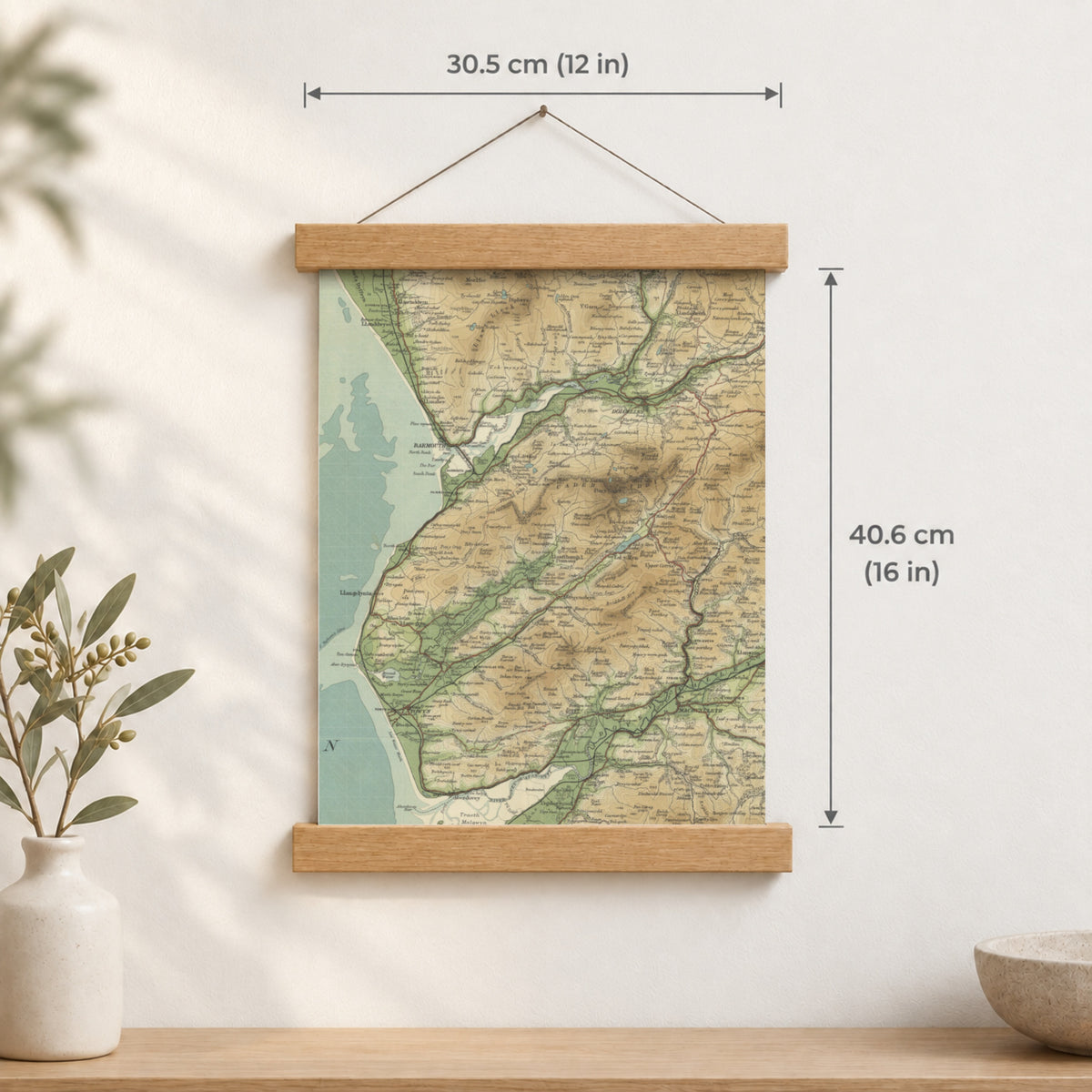 Barmouth historic map print, Bartholomew Half-Inch, 1905 — 12 × 16 in · portrait, Canvas, black hanger and Canvas, natural oak hanger and Canvas, white hanger and Fine art paper, black hanger and Fine art paper, natural oak hanger and Fine art paper, no hanger and Fine art paper, white hanger, hanger front mockup