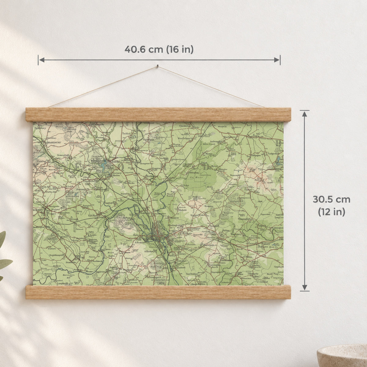 Oxford historic map print, Bartholomew Half-Inch, 1903 — 16 × 12 in · landscape, Canvas, black hanger and Canvas, natural oak hanger and Canvas, white hanger and Fine art paper, black hanger and Fine art paper, natural oak hanger and Fine art paper, no hanger and Fine art paper, white hanger, hanger front mockup