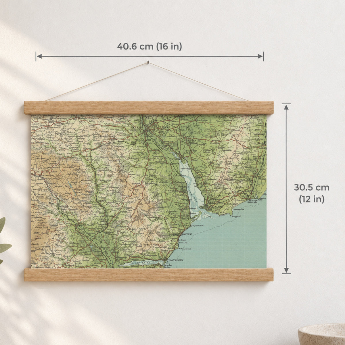 Exeter historic map print, Bartholomew Half-Inch, 1903 — 16 × 12 in · landscape, Canvas, black hanger and Canvas, natural oak hanger and Canvas, white hanger and Fine art paper, black hanger and Fine art paper, natural oak hanger and Fine art paper, no hanger and Fine art paper, white hanger, hanger front mockup