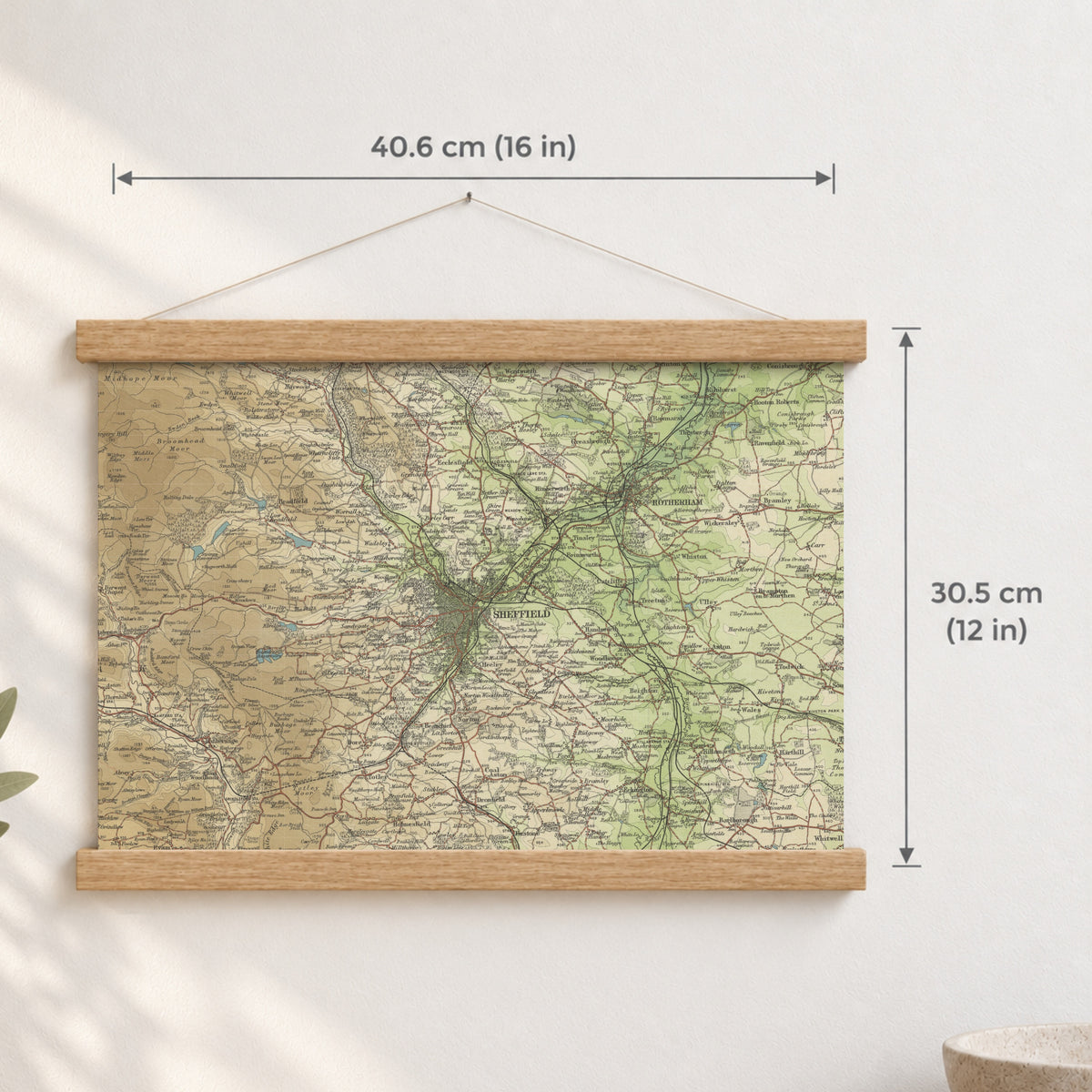 Sheffield historic map print, Bartholomew Half-Inch, 1904 — 16 × 12 in · landscape, Canvas, black hanger and Canvas, natural oak hanger and Canvas, white hanger and Fine art paper, black hanger and Fine art paper, natural oak hanger and Fine art paper, no hanger and Fine art paper, white hanger, hanger front mockup
