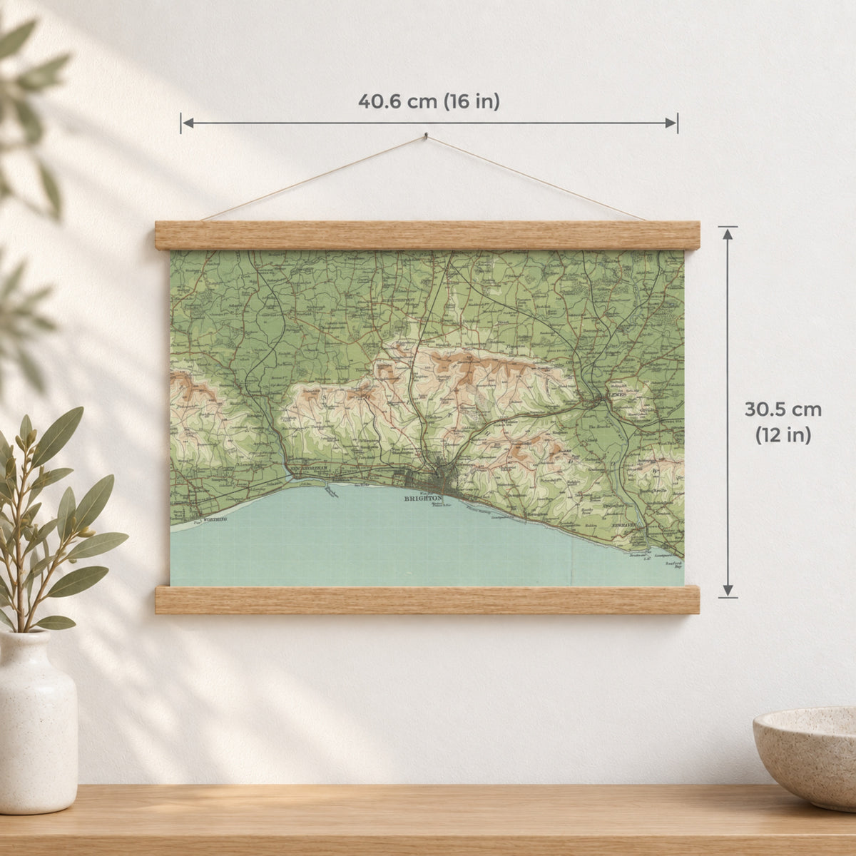 Brighton & Hove historic map print, Bartholomew Half-Inch, 1902 — 16 × 12 in · landscape, Canvas, black hanger and Canvas, natural oak hanger and Canvas, white hanger and Fine art paper, black hanger and Fine art paper, natural oak hanger and Fine art paper, no hanger and Fine art paper, white hanger, hanger front mockup