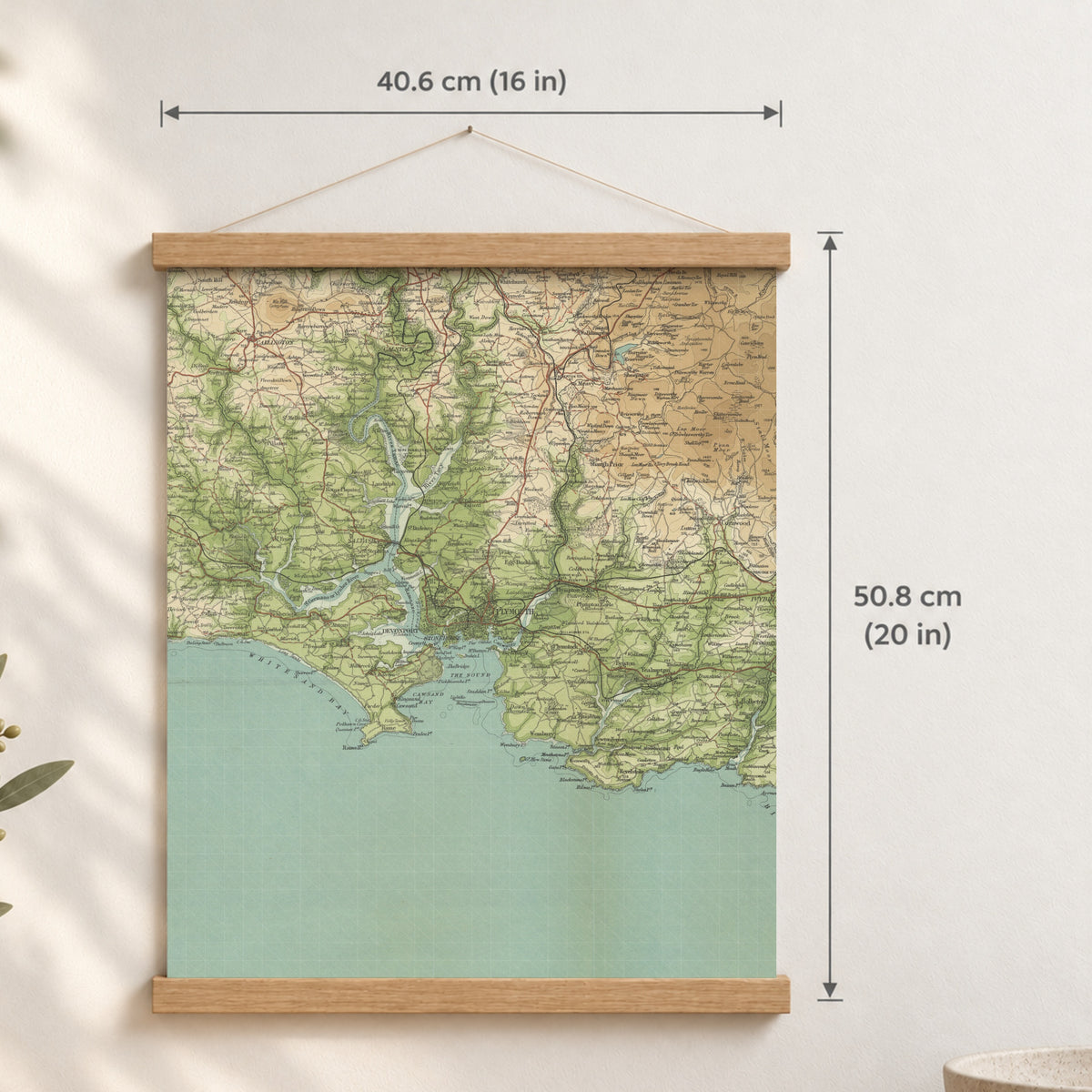 Plymouth historic map print, Bartholomew Half-Inch, 1903 — 16 × 20 in · portrait, Canvas, black hanger and Canvas, natural oak hanger and Canvas, white hanger and Fine art paper, black hanger and Fine art paper, natural oak hanger and Fine art paper, no hanger and Fine art paper, white hanger, hanger front mockup