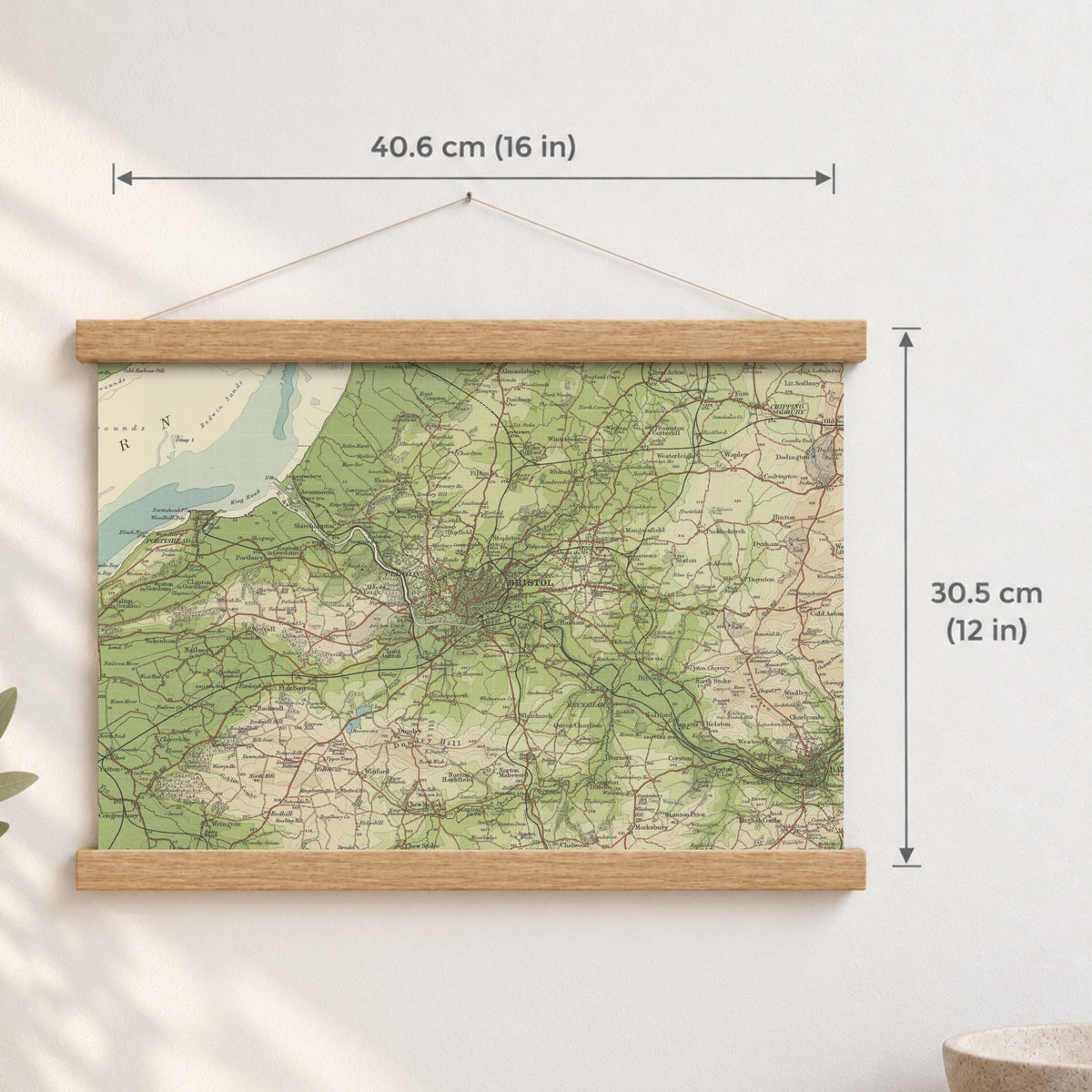 Bristol historic map print, Bartholomew Half-Inch, 1904 — 16 × 12 in · landscape, Canvas, black hanger and Canvas, natural oak hanger and Canvas, white hanger and Fine art paper, black hanger and Fine art paper, natural oak hanger and Fine art paper, no hanger and Fine art paper, white hanger, hanger front mockup