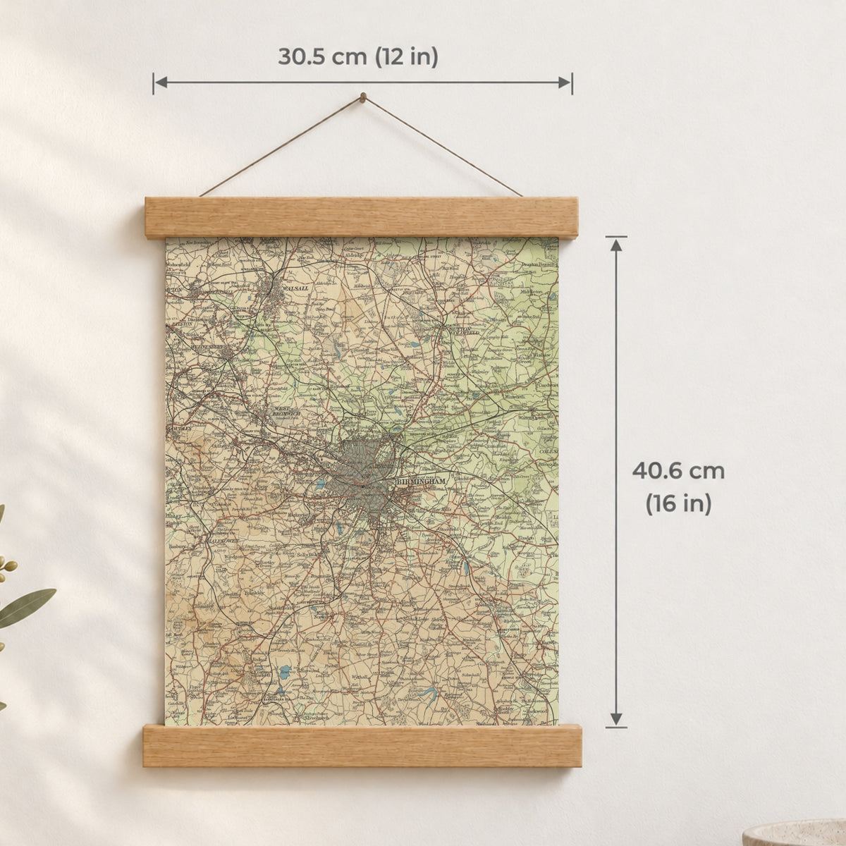 Birmingham historic map print, Bartholomew Half-Inch, 1903 — 12 × 16 in · portrait, Canvas, black hanger and Canvas, natural oak hanger and Canvas, white hanger and Fine art paper, black hanger and Fine art paper, natural oak hanger and Fine art paper, no hanger and Fine art paper, white hanger, hanger front mockup