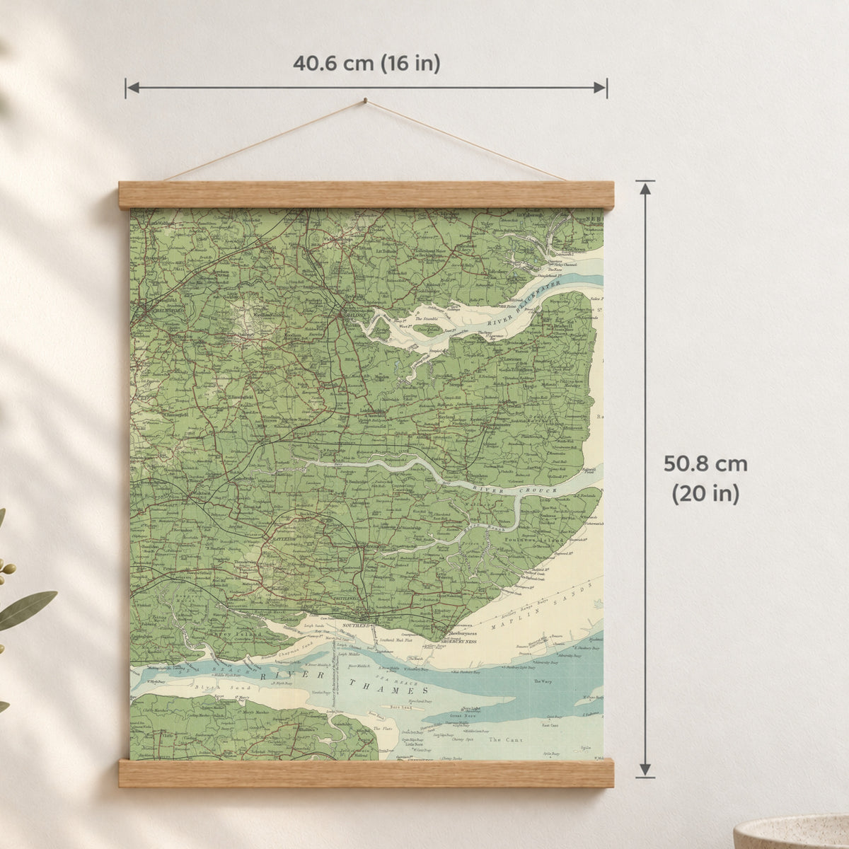 Southend-on-Sea historic map print, Bartholomew Half-Inch, 1903 — 16 × 20 in · portrait, Canvas, black hanger and Canvas, natural oak hanger and Canvas, white hanger and Fine art paper, black hanger and Fine art paper, natural oak hanger and Fine art paper, no hanger and Fine art paper, white hanger, hanger front mockup