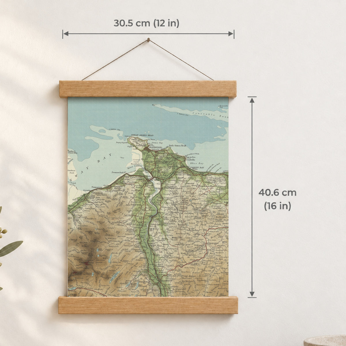 Llandudno historic map print, Bartholomew Half-Inch, 1904 — 12 × 16 in · portrait, Canvas, black hanger and Canvas, natural oak hanger and Canvas, white hanger and Fine art paper, black hanger and Fine art paper, natural oak hanger and Fine art paper, no hanger and Fine art paper, white hanger, hanger front mockup