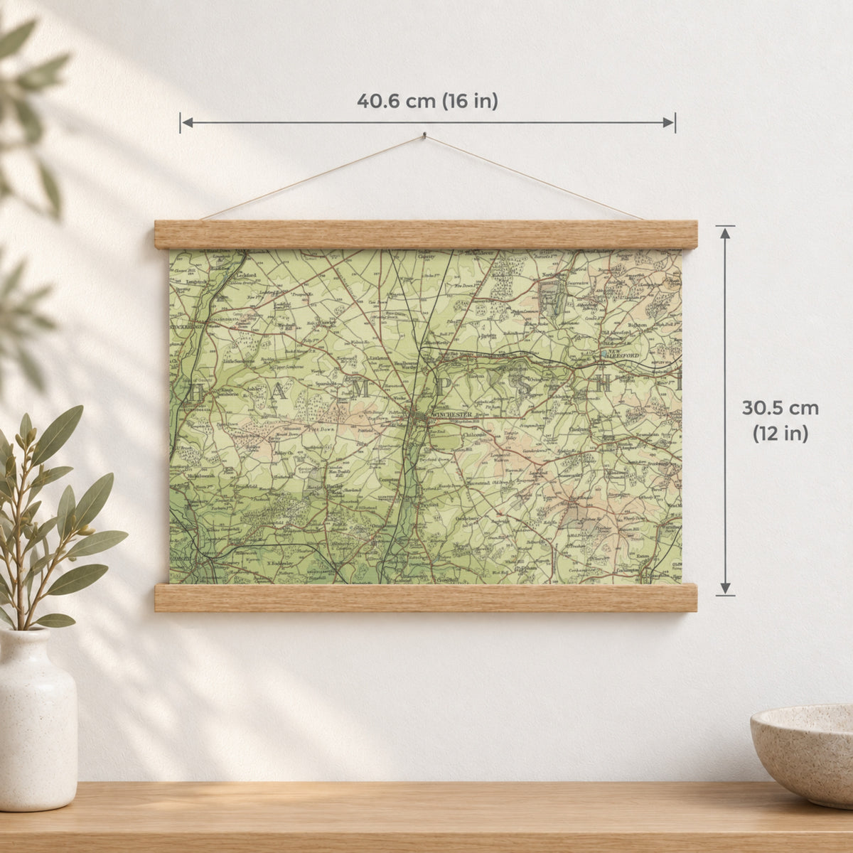 Winchester historic map print, Bartholomew Half-Inch, 1902 — 16 × 12 in · landscape, Canvas, black hanger and Canvas, natural oak hanger and Canvas, white hanger and Fine art paper, black hanger and Fine art paper, natural oak hanger and Fine art paper, no hanger and Fine art paper, white hanger, hanger front mockup