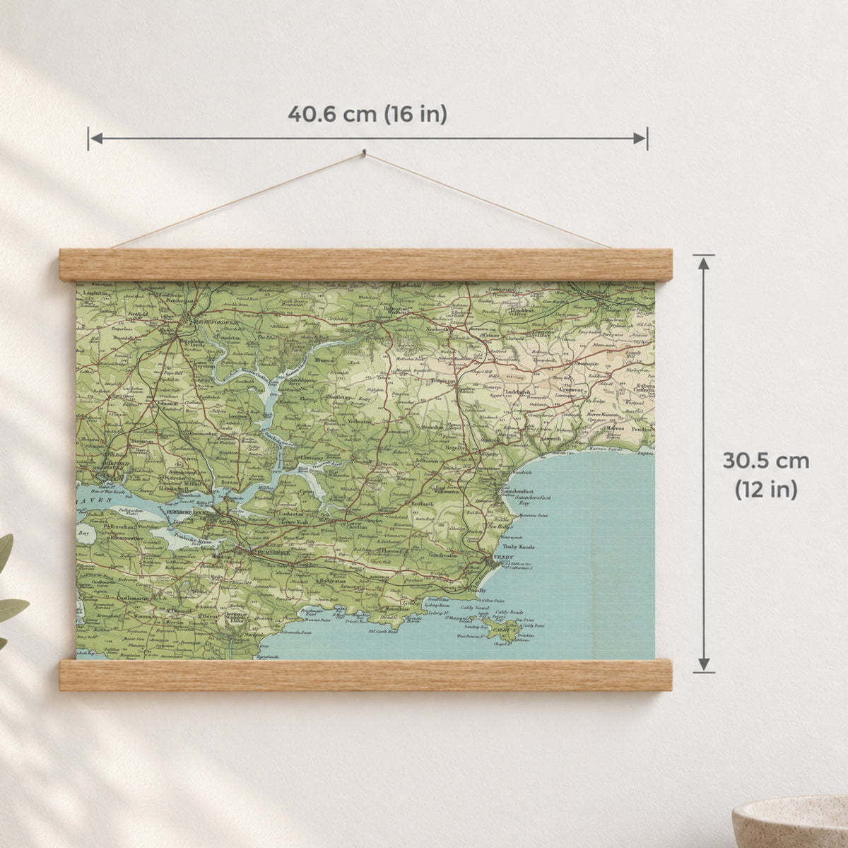 Tenby historic map print, Bartholomew Half-Inch, 1903 — 16 × 12 in · landscape, Canvas, black hanger and Canvas, natural oak hanger and Canvas, white hanger and Fine art paper, black hanger and Fine art paper, natural oak hanger and Fine art paper, no hanger and Fine art paper, white hanger, hanger front mockup