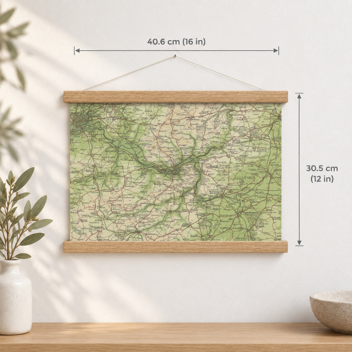 Bath historic map print, Bartholomew Half-Inch, 1904 — 16 × 12 in · landscape, Canvas, black hanger and Canvas, natural oak hanger and Canvas, white hanger and Fine art paper, black hanger and Fine art paper, natural oak hanger and Fine art paper, no hanger and Fine art paper, white hanger, hanger front mockup