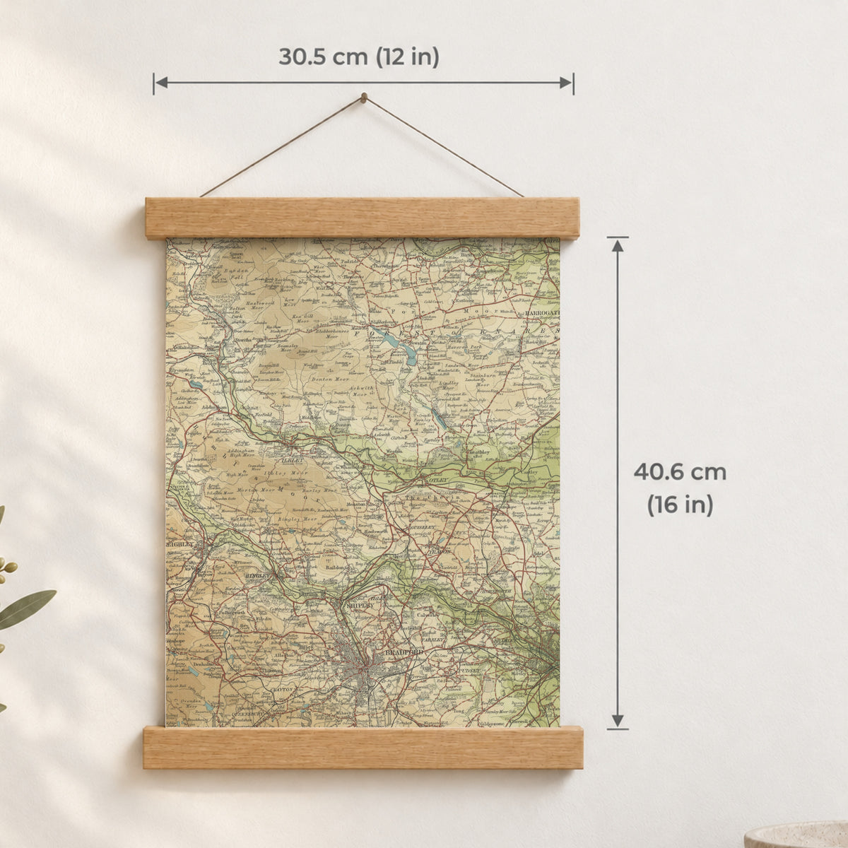 Bradford historic map print, Bartholomew Half-Inch, 1906 — 12 × 16 in · portrait, Canvas, black hanger and Canvas, natural oak hanger and Canvas, white hanger and Fine art paper, black hanger and Fine art paper, natural oak hanger and Fine art paper, no hanger and Fine art paper, white hanger, hanger front mockup