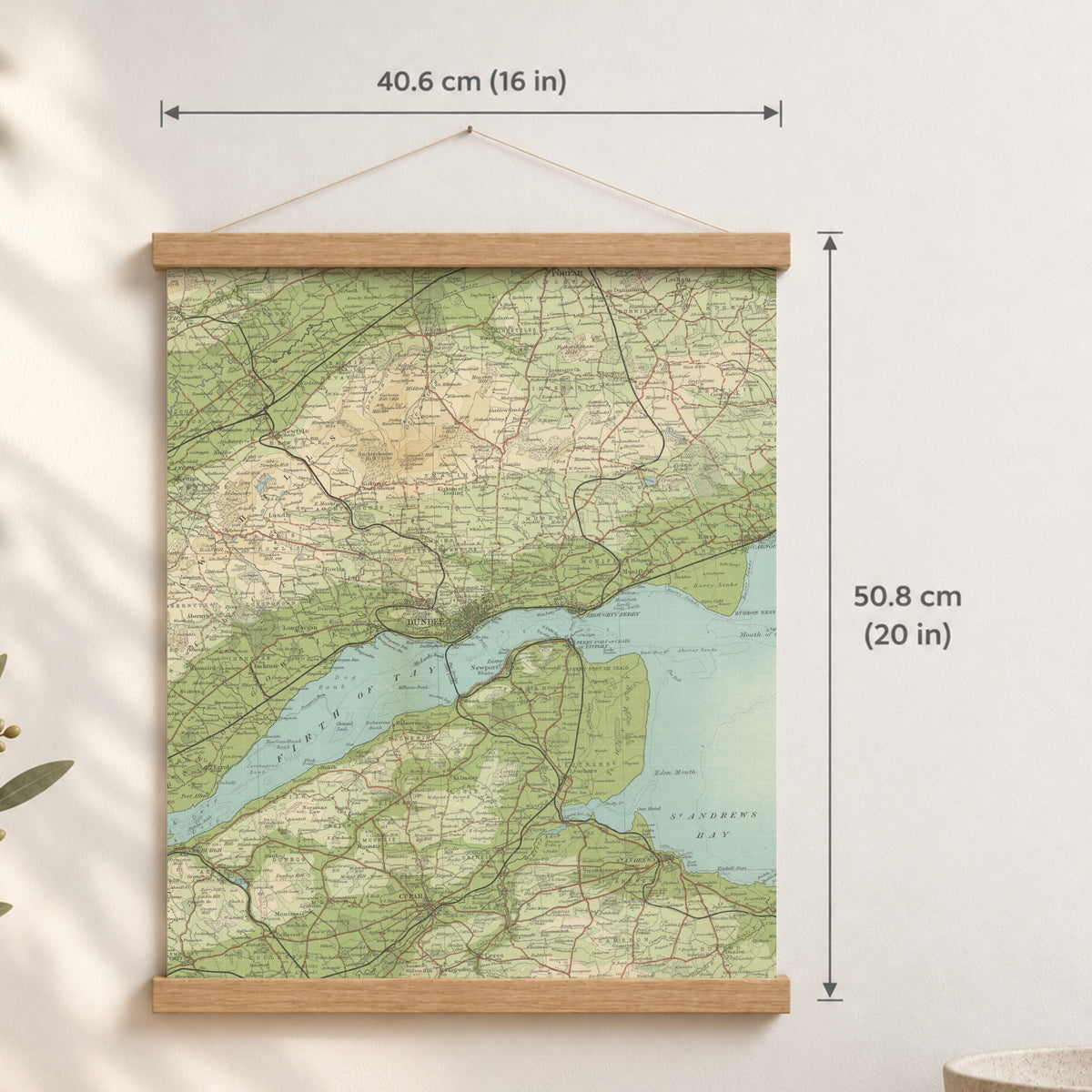 Dundee historic map print, Bartholomew Half-Inch, 1903 — 16 × 20 in · portrait, Canvas, black hanger and Canvas, natural oak hanger and Canvas, white hanger and Fine art paper, black hanger and Fine art paper, natural oak hanger and Fine art paper, no hanger and Fine art paper, white hanger, hanger front mockup