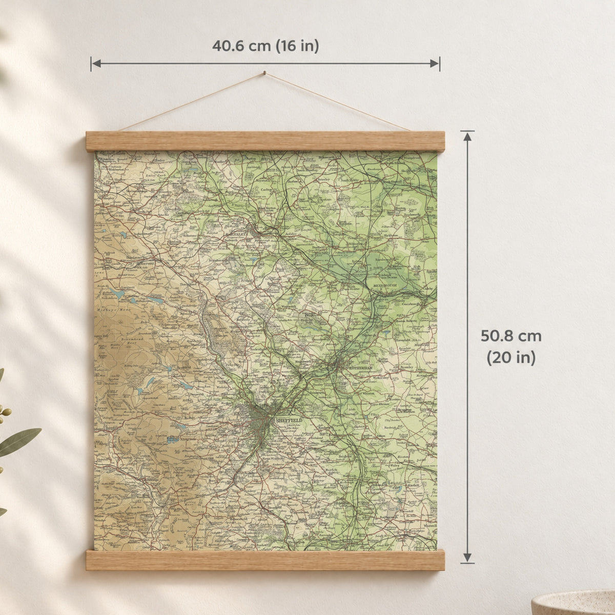 Sheffield historic map print, Bartholomew Half-Inch, 1904 — 16 × 20 in · portrait, Canvas, black hanger and Canvas, natural oak hanger and Canvas, white hanger and Fine art paper, black hanger and Fine art paper, natural oak hanger and Fine art paper, no hanger and Fine art paper, white hanger, hanger front mockup
