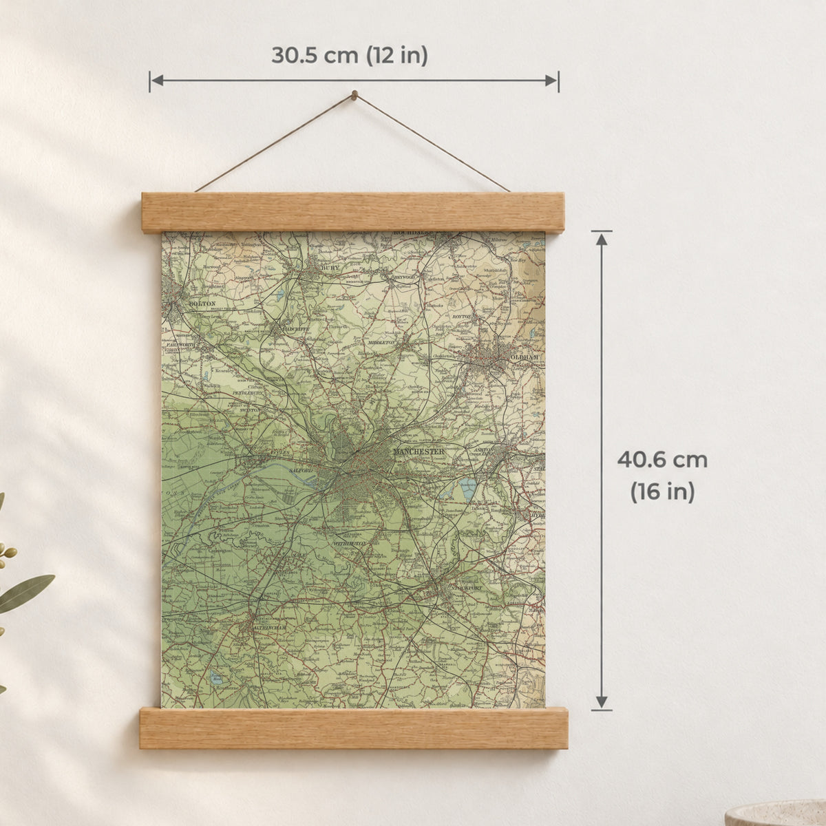 Manchester historic map print, Bartholomew Half-Inch, 1904 — 12 × 16 in · portrait, Canvas, black hanger and Canvas, natural oak hanger and Canvas, white hanger and Fine art paper, black hanger and Fine art paper, natural oak hanger and Fine art paper, no hanger and Fine art paper, white hanger, hanger front mockup