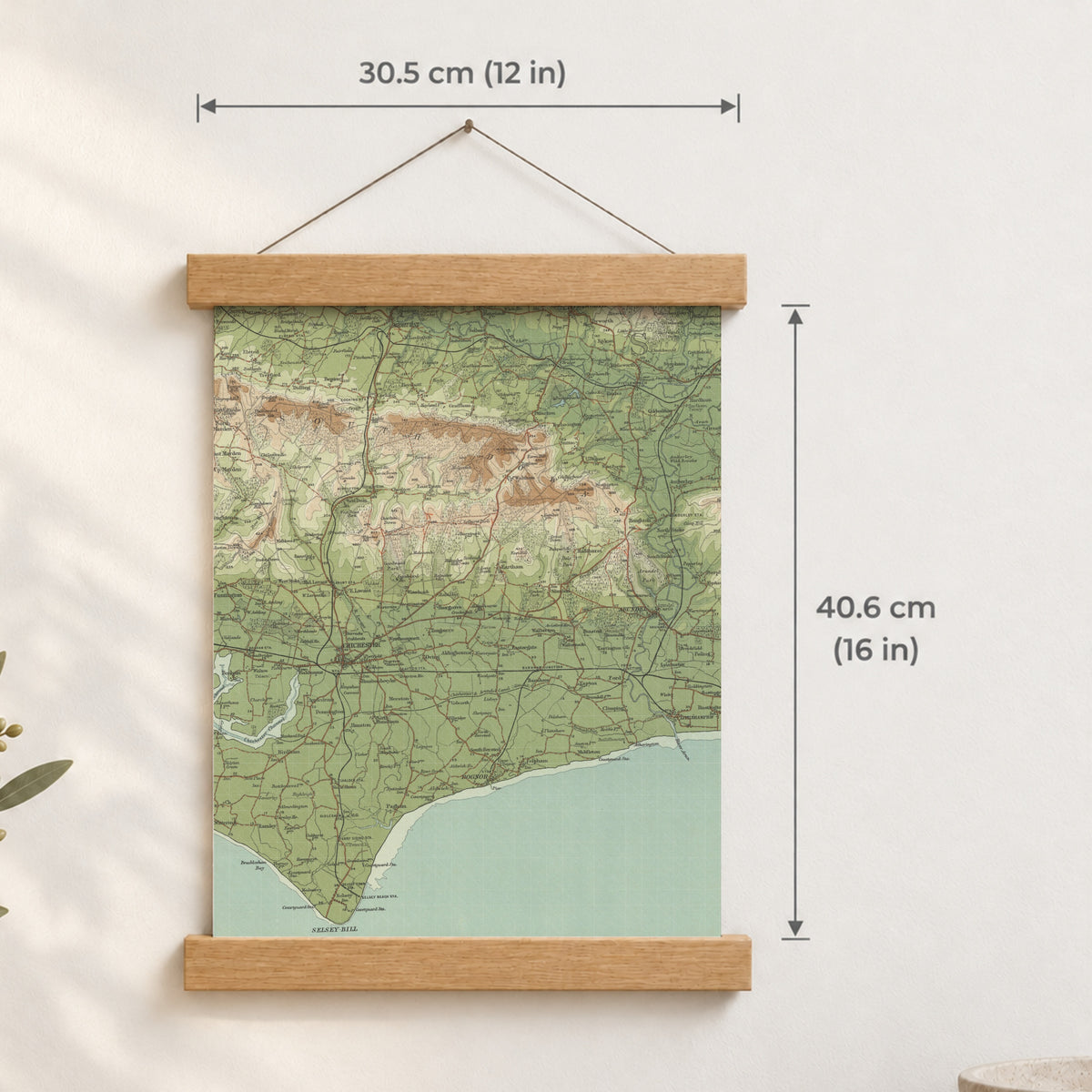 Chichester historic map print, Bartholomew Half-Inch, 1902 — 12 × 16 in · portrait, Canvas, black hanger and Canvas, natural oak hanger and Canvas, white hanger and Fine art paper, black hanger and Fine art paper, natural oak hanger and Fine art paper, no hanger and Fine art paper, white hanger, hanger front mockup