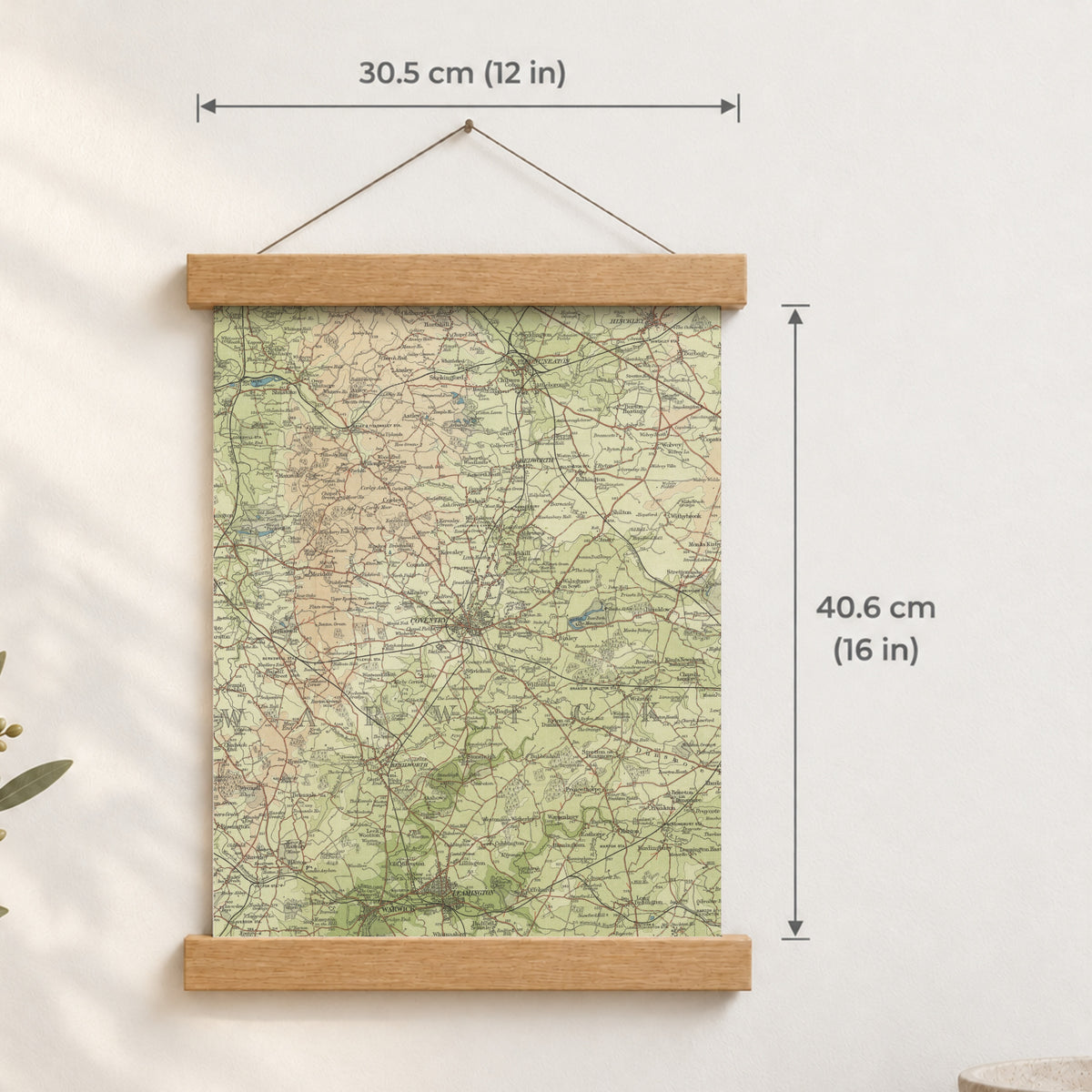 Coventry historic map print, Bartholomew Half-Inch, 1903 — 12 × 16 in · portrait, Canvas, black hanger and Canvas, natural oak hanger and Canvas, white hanger and Fine art paper, black hanger and Fine art paper, natural oak hanger and Fine art paper, no hanger and Fine art paper, white hanger, hanger front mockup