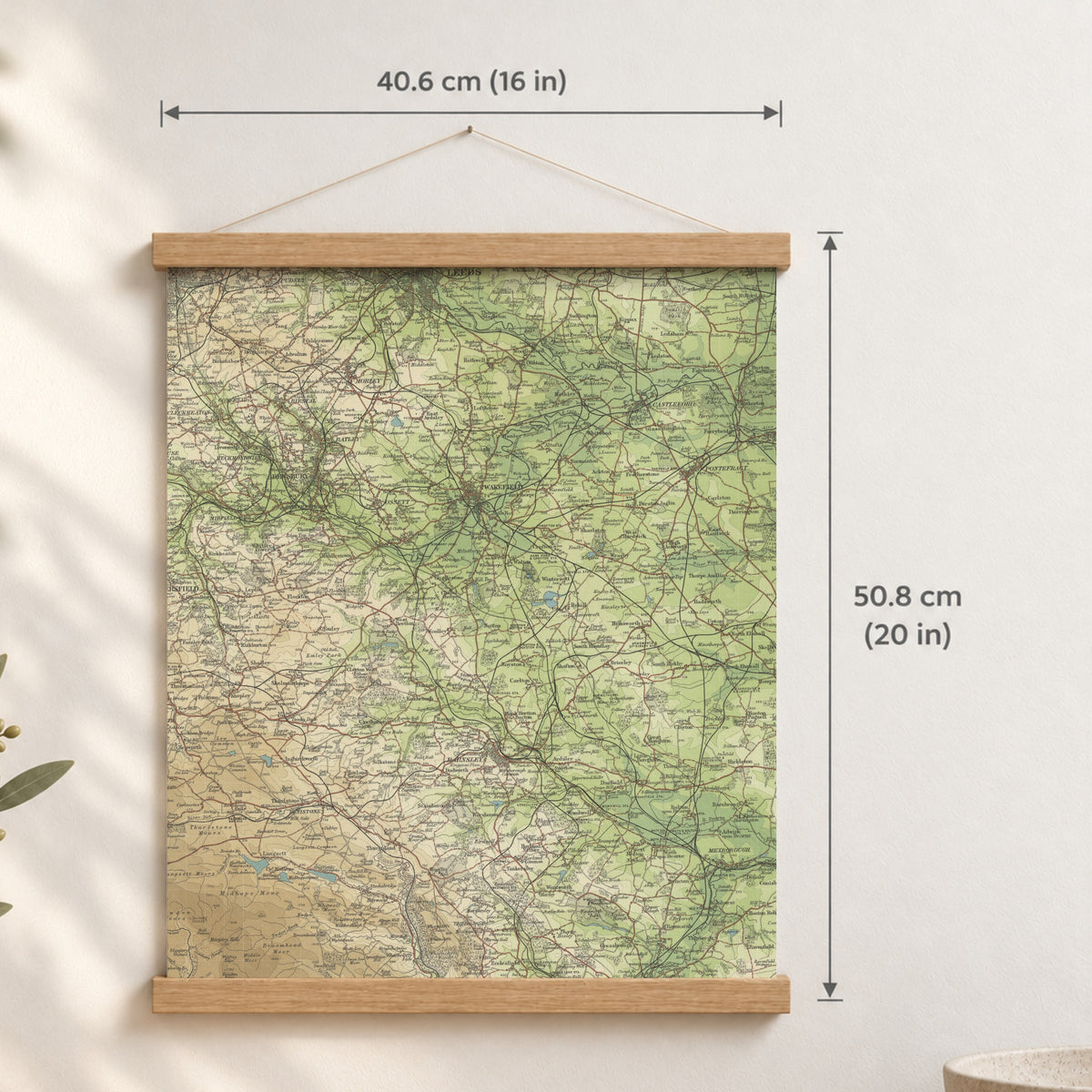 Wakefield historic map print, Bartholomew Half-Inch, 1904 — 16 × 20 in · portrait, Canvas, black hanger and Canvas, natural oak hanger and Canvas, white hanger and Fine art paper, black hanger and Fine art paper, natural oak hanger and Fine art paper, no hanger and Fine art paper, white hanger, hanger front mockup