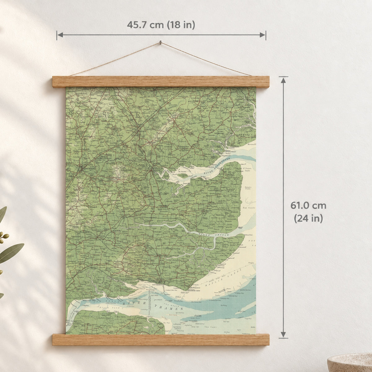 Southend-on-Sea historic map print, Bartholomew Half-Inch, 1903 — 18 × 24 in · portrait, Canvas, black hanger and Canvas, natural oak hanger and Canvas, white hanger and Fine art paper, black hanger and Fine art paper, natural oak hanger and Fine art paper, no hanger and Fine art paper, white hanger, hanger front mockup