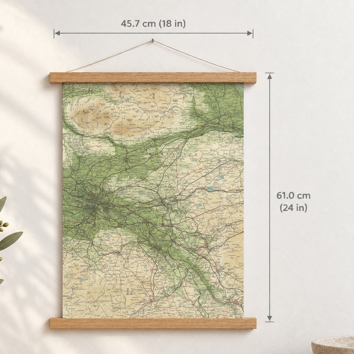Glasgow historic map print, Bartholomew Half-Inch, 1903 — 18 × 24 in · portrait, Canvas, black hanger and Canvas, natural oak hanger and Canvas, white hanger and Fine art paper, black hanger and Fine art paper, natural oak hanger and Fine art paper, no hanger and Fine art paper, white hanger, hanger front mockup