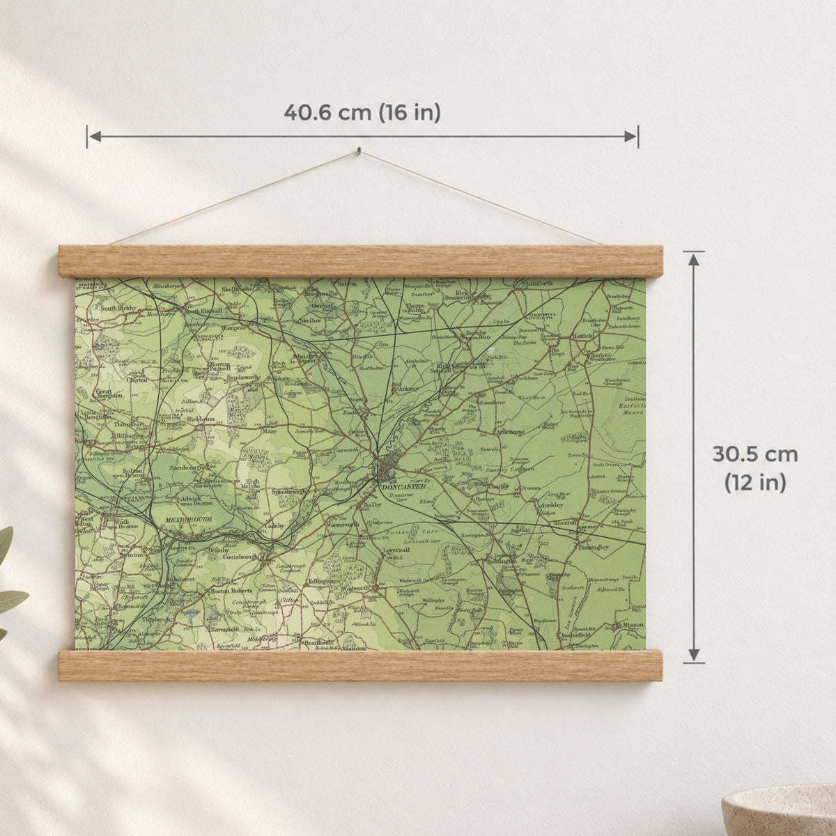Doncaster historic map print, Bartholomew Half-Inch, 1904 — 16 × 12 in · landscape, Canvas, black hanger and Canvas, natural oak hanger and Canvas, white hanger and Fine art paper, black hanger and Fine art paper, natural oak hanger and Fine art paper, no hanger and Fine art paper, white hanger, hanger front mockup